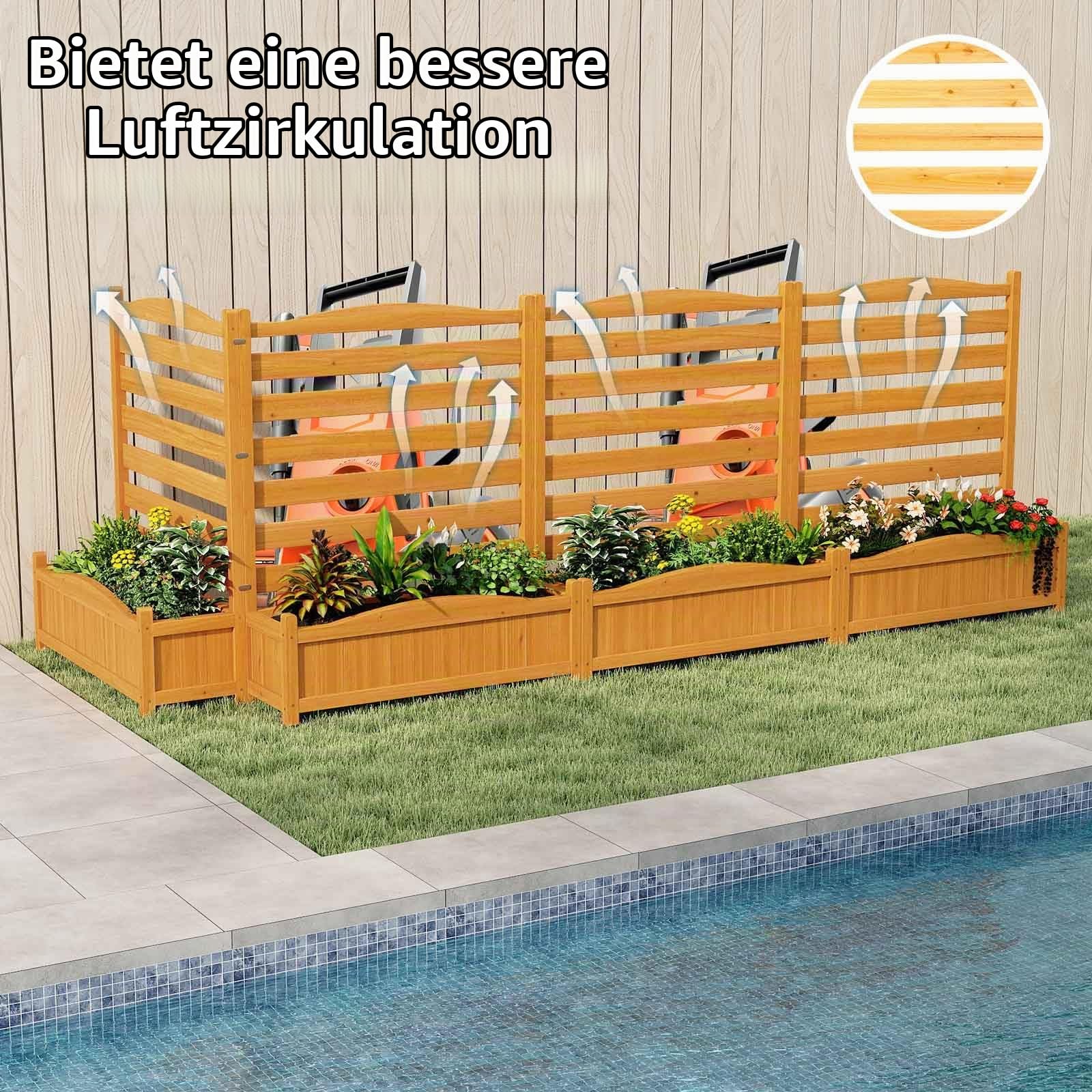 HOMASIS 2 Blumenkästen mit Gartenzaun, Holz Pflanzkasten mit Sichtschutz, Hochbeet mit Spalier & Abluflöchern, DIY modulare Pflanzkübel mit Gartenspalier für Garten Balkon Terrasse (2 Zäune)