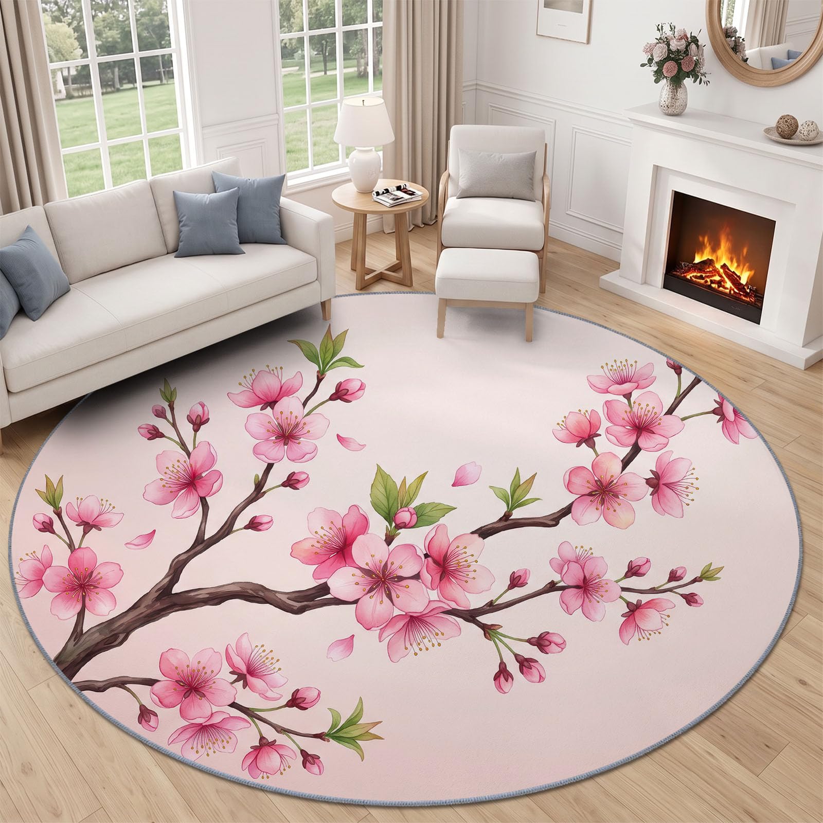 Générique Tapis Chambre Enfant Bébé Fille Garçon Rond 180 cm Plantes Et Fleurs Branches De Fleurs De Cerisier Minimalistes - Grand Doux Rampant pour Petite Chambre d'enfant Salon, Rose