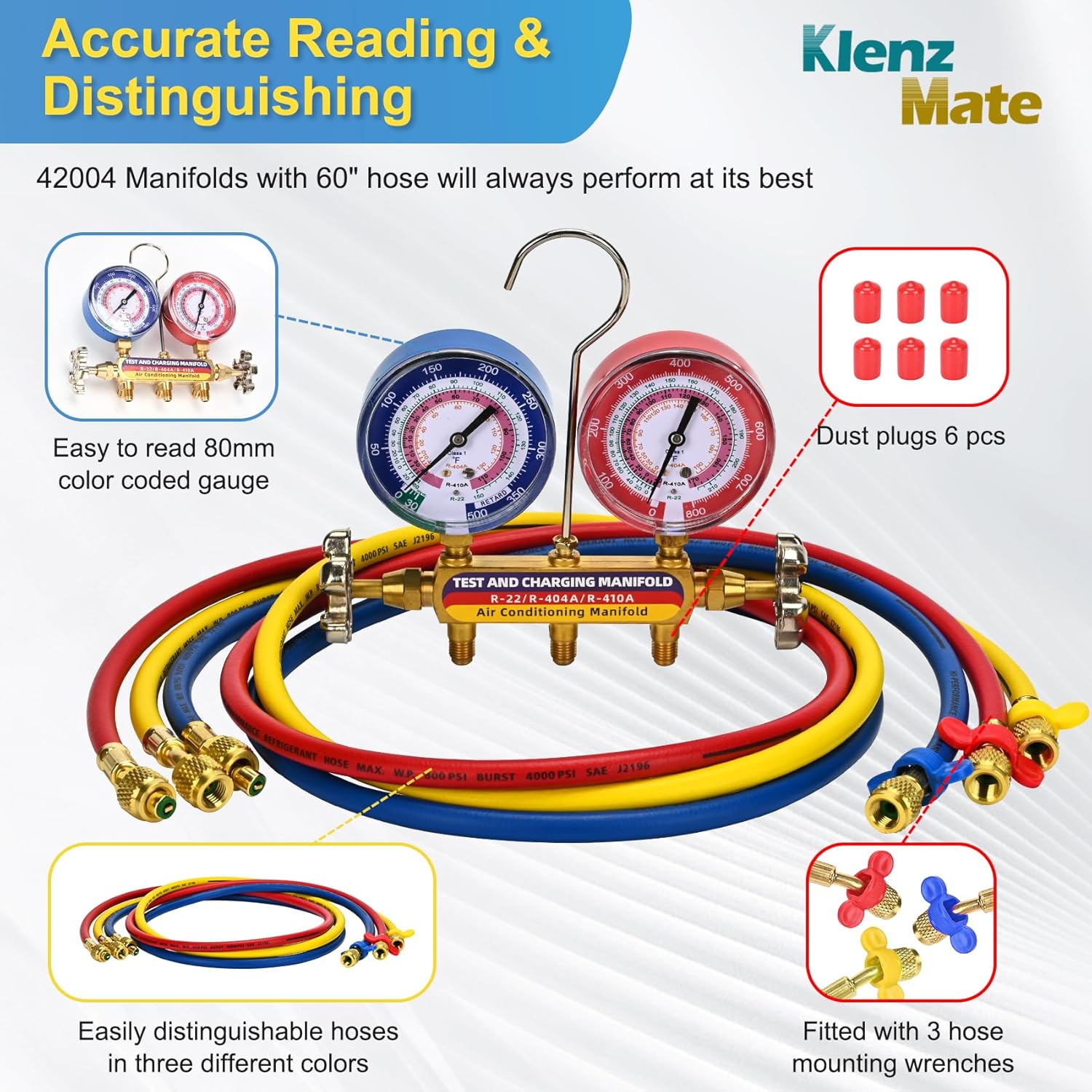 2026 Upgrade 42004 Test and Charging Manifold with 3-1/8" (80 mm) Gauges, for R-22/404A/410A, 1/4" Standard Flare Fitting, HVAC Color-Coded Gauges with 60" Hoses, 2-Valve, HVAC Manifold Set