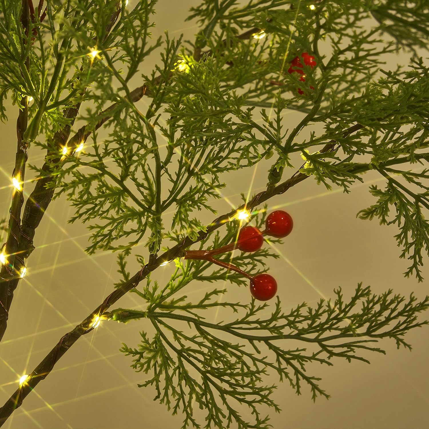 Fudios Cypress Christmas Tree Lights 90 LED Fairy Lights 4FT Plug in, Lighted Artificial Small Pine Trees with Red Berry for Home Holiday Decoration Outdoor