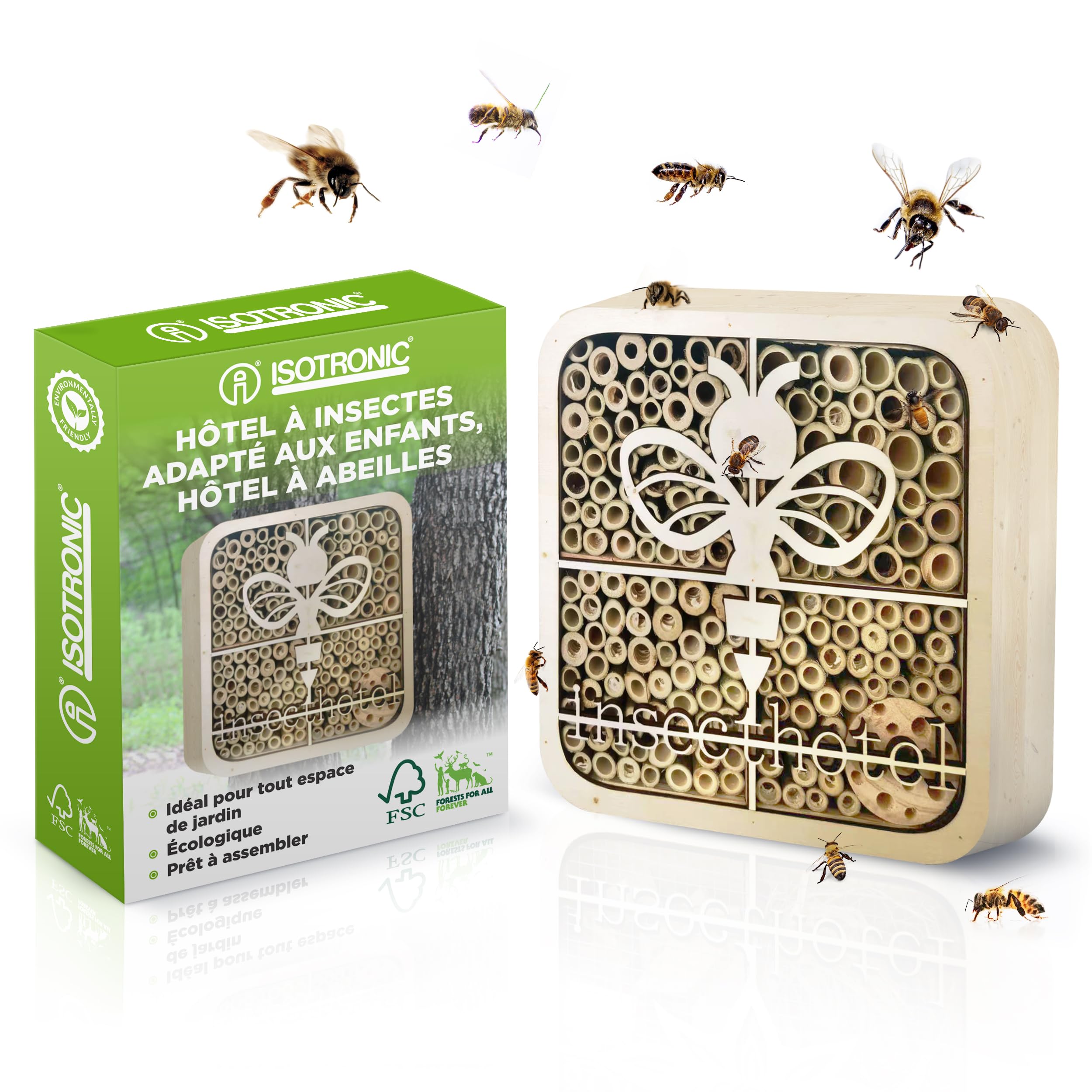 ISOTRONIC Hotel per insetti in legno naturale – Casetta per api, coccinelle e altri insetti – Hotel per api in bambù per giardino e balcone – Design moderno a nido d'ape (ape)