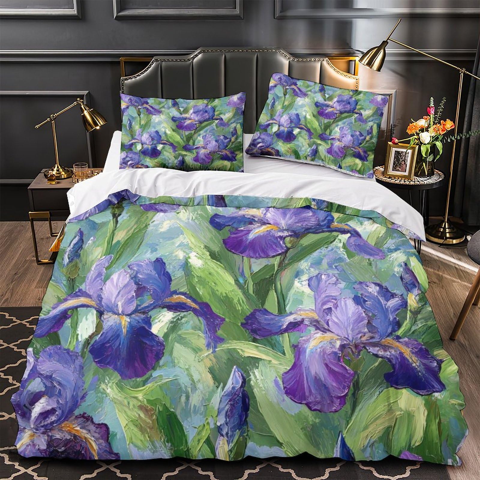 Parure de lit fleurs d'iris 135x200cm hypoallergénique contre les allergies nocturnes