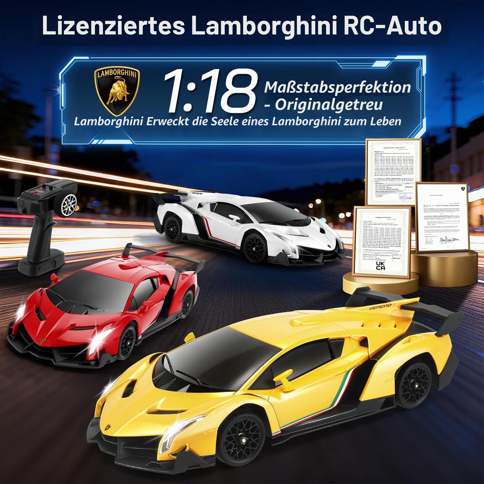 Lamborghini RC Car, 2.4 GHz Ferngesteuertes Auto, 1:18 4WD RC Drift Auto mit LED Leuchten, 35 KM/H Mini Drift Auto Ferngesteuert für Jungen ab 6 7 8 9 10 11 12+ Jahre(Gelb)