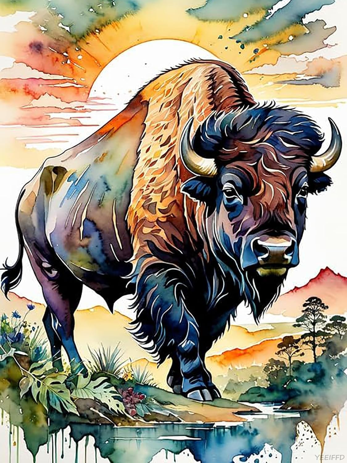 Diamond Painting Kits for Adults, DIY 5D Diamond Painting Kits Watercolor Animals Full Drill Diamond Art Bison Diamond Painting Craft for Home Wall Art Decor 12x16inch