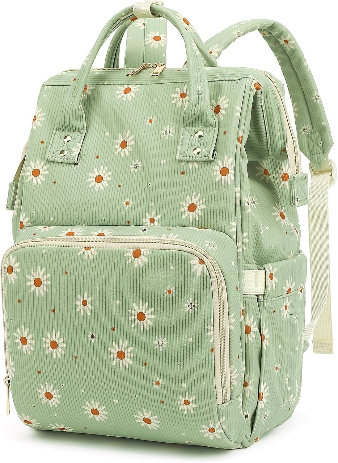 Corduroy Diaper Bag Backpack for Baby Girls Boys, Women Large Nappy Bags for Mom (Green Corduroy Daisy)
