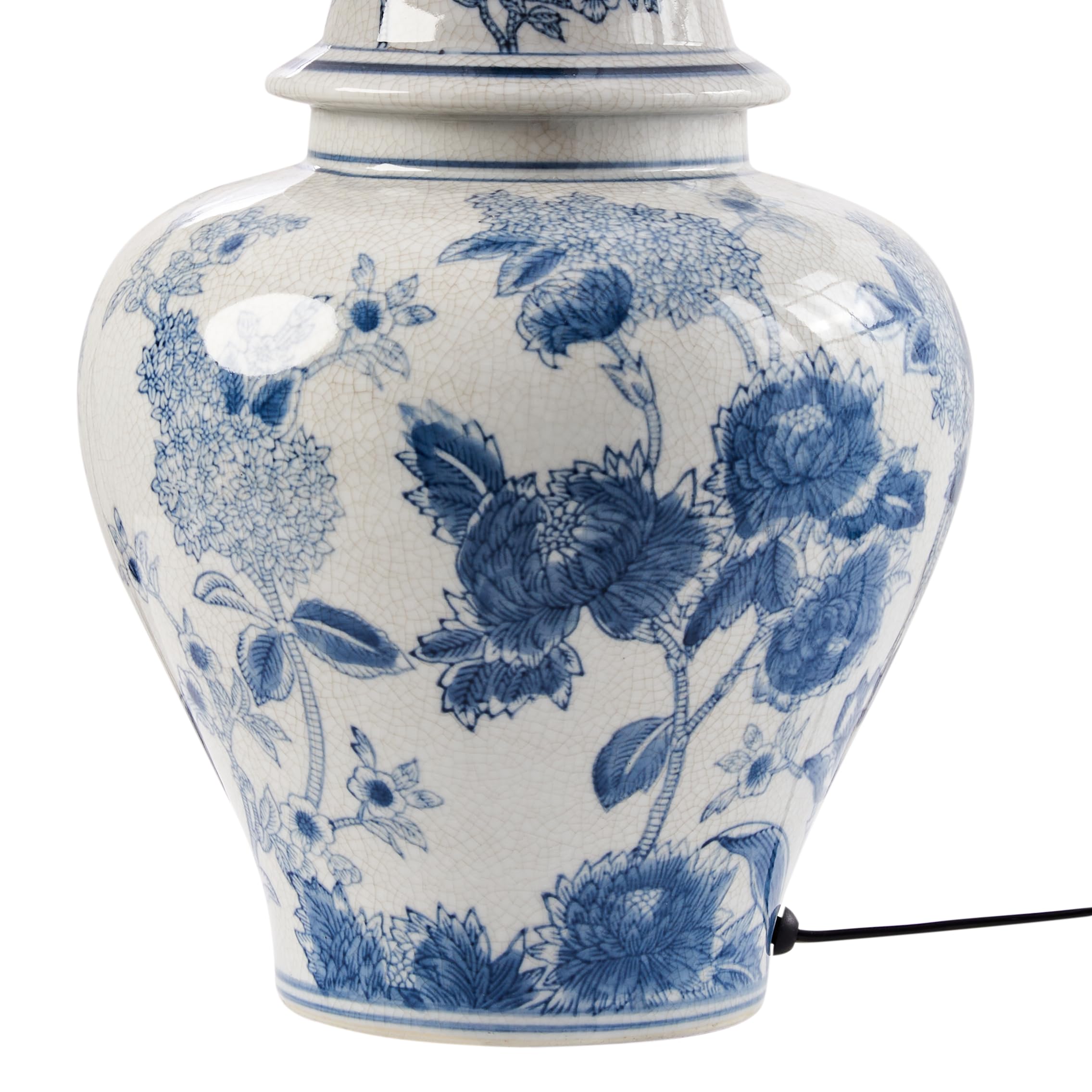 Beliani Elegante lampada da tavolo con base in porcellana Patten floreale Paralume a campana in lino Illuminazione bianco e blu
