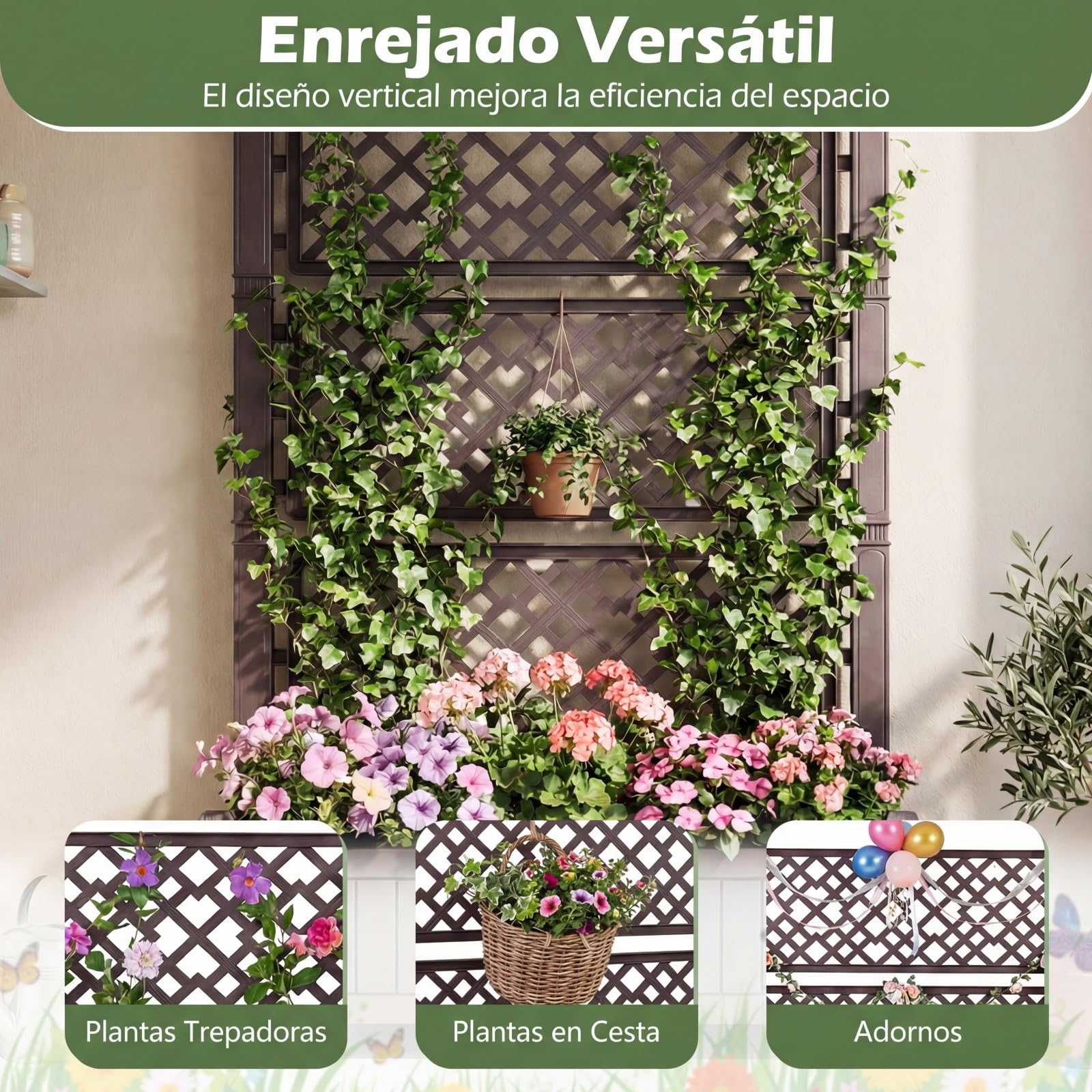 COSTWAY Jardinera Elevada con Enrejado, Cama de Jardín Elevada con Ruedas, Tapón y Medidor para Verduras y Plantas Trepadoras, Macetero Grande de PP para Exterior Jardín y Balcón, 108 x 45 x 155 cm