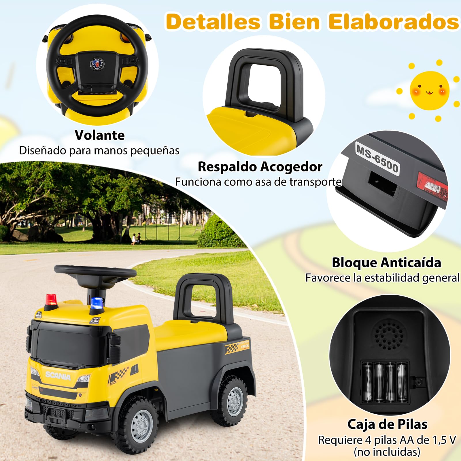 GOPLUS Camión de Construcción de Juguete Licenciado Scania, Coche Correpasillos para Niños con Luces, Sonidos y Almacenamiento Bajo Asiento, Coche Deslizante de Pies al Suelo, 18+ Meses (Amarillo)