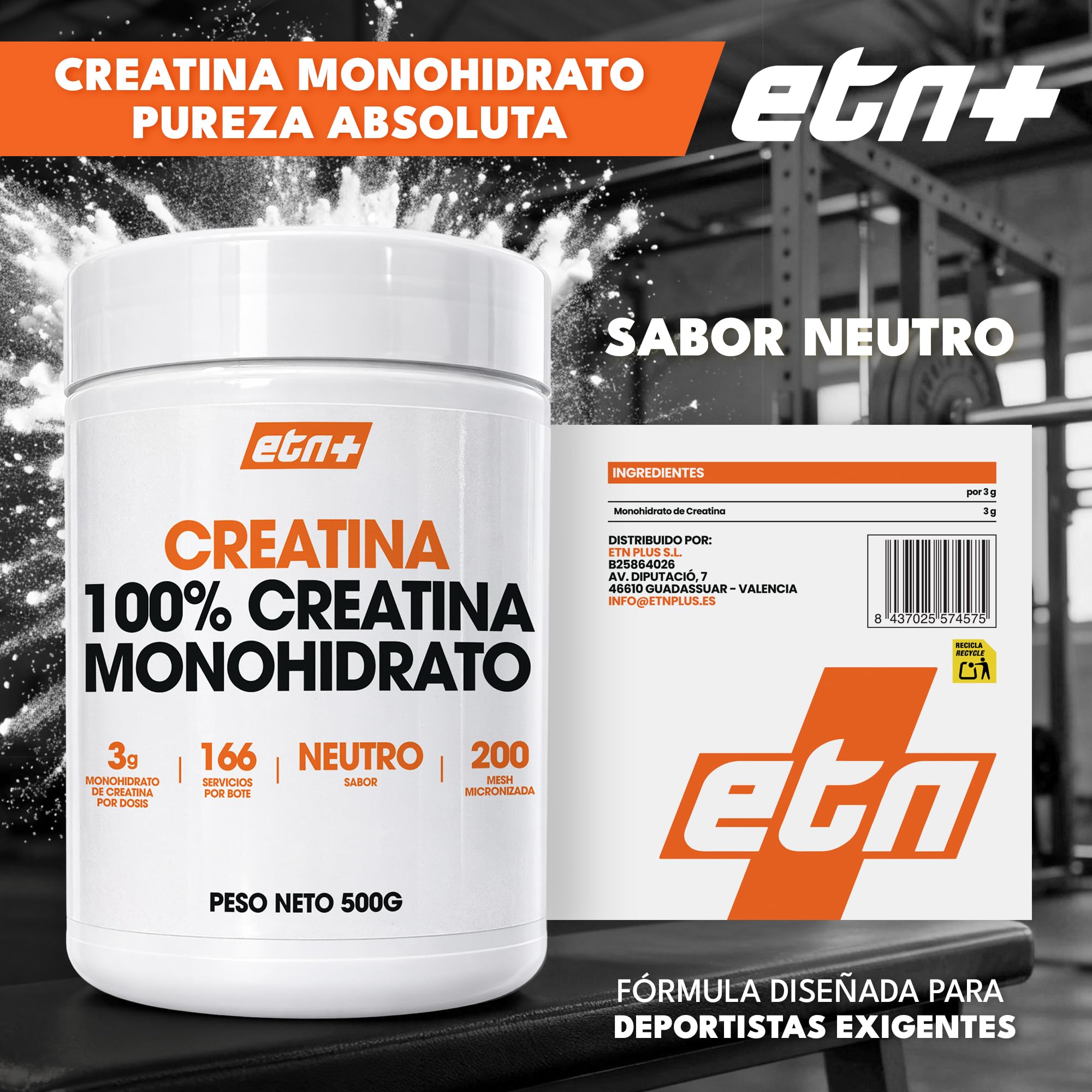 ETN+ Creatina Monohidrato 100% Micronizada 500 g | Creatina Pura 200 Mesh | 3 g por Dosis 166 Servicios| Vegana Sin Gluten Sin Azucar | Incluye Dosificador | Sin Sabor — view 6