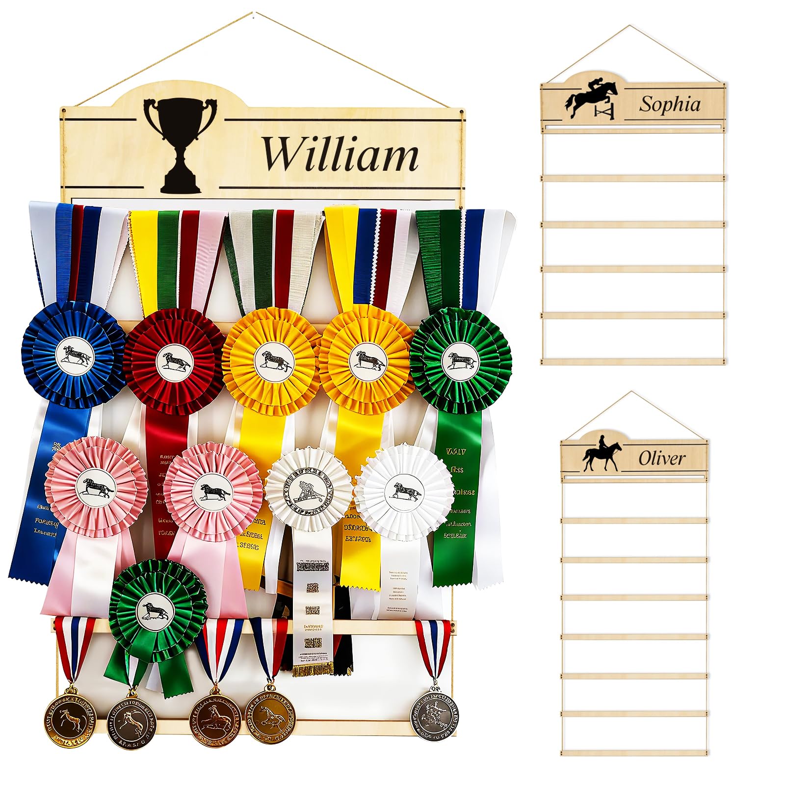 Medaglie di equitazione personalizzate con nome, supporto per medaglie in legno per montaggio a parete, supporto per tornei, ginnastica, calcio, gare di corsa