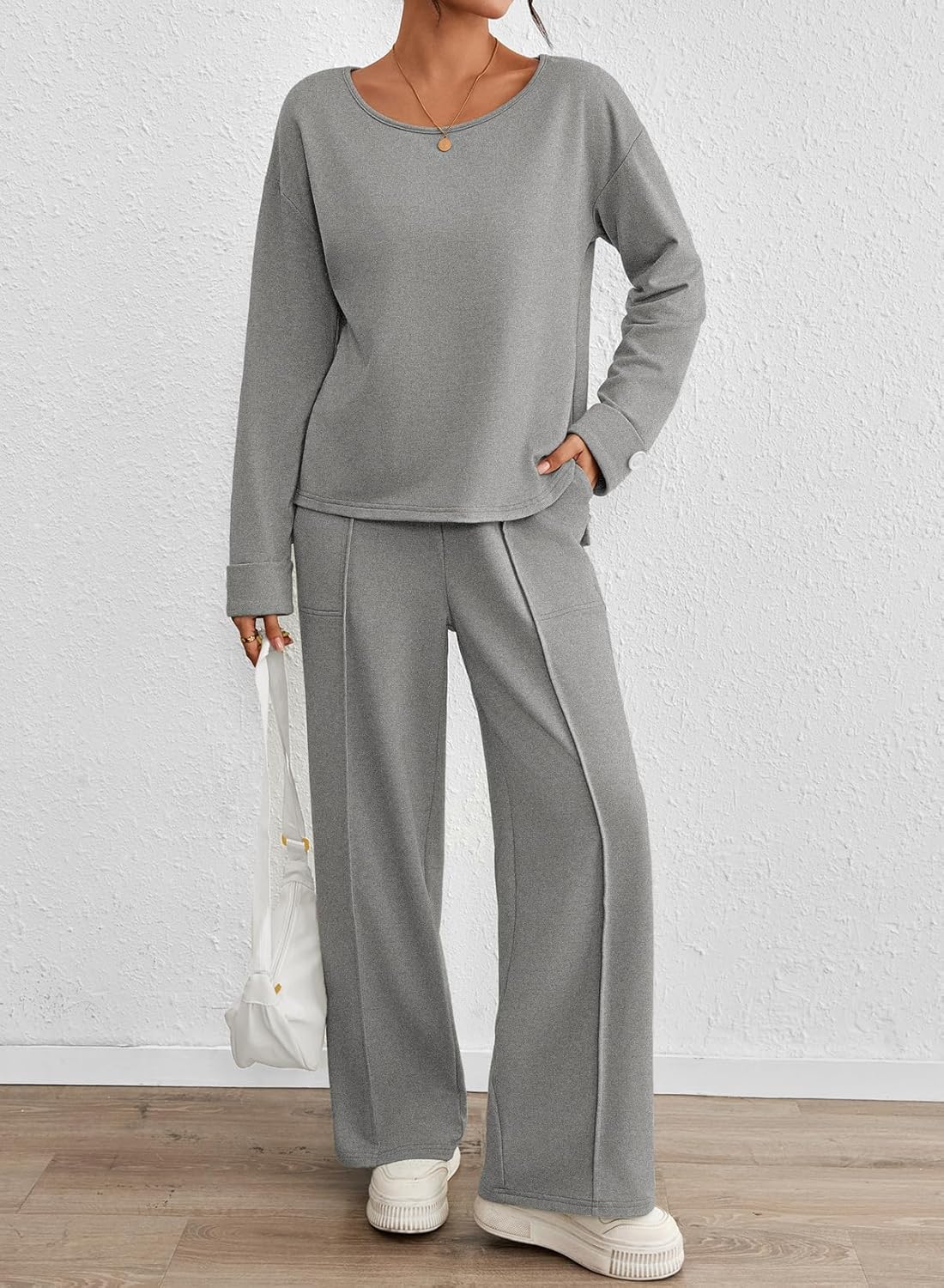 Viottiset Women's 2 Piece Set Casual Outfits Knit Top Wide Leg Sweater Long Sleeve Lounge Set Sweatsuit - Image 6