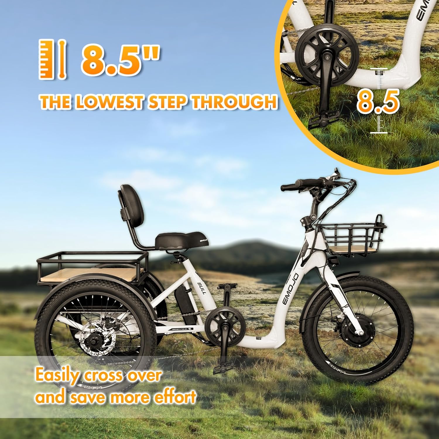 EMOJO Bull 8.5" Low Step Through Electric Tricycle for Adults Up to 100 Miles Long Range Ebike Trike with Differential 500W 7 Speed 20MPH Three Wheel Electric Bike