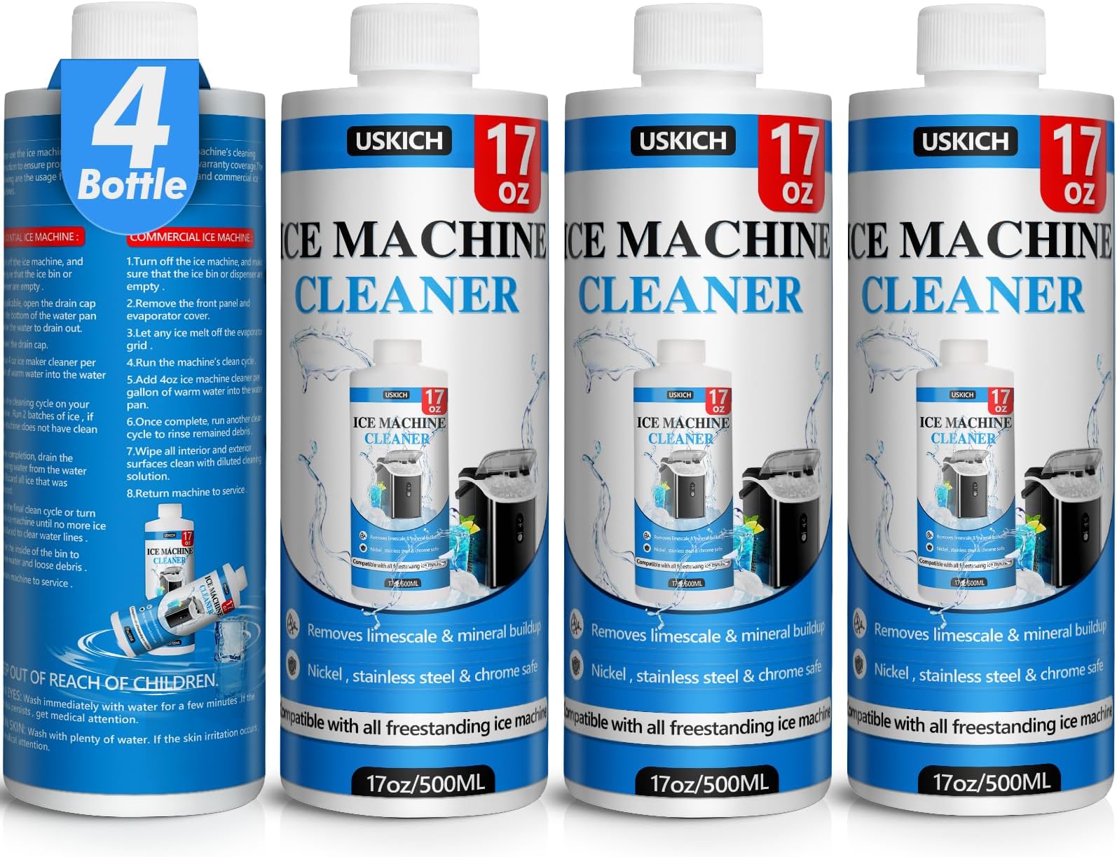 USKICH 4 Pack Ice Machine Cleaner Maker Descaler-68 fl oz Nickel Safe Descaler,Ice Maker Cleaner Solution Compatible with Ice Machine Brands Scotsman,KitchenAid,Hoshizaki