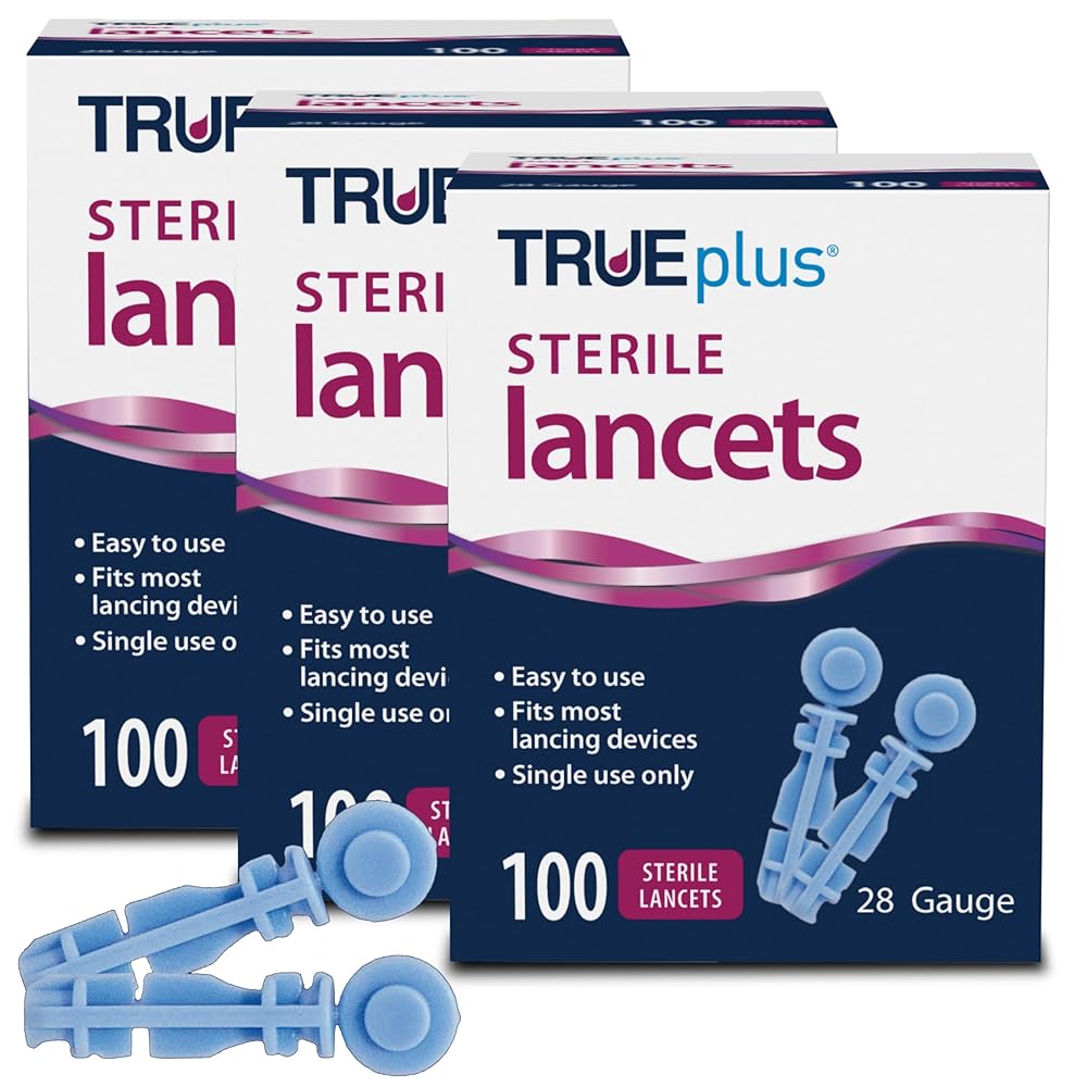TRUEplus Single-Use Safety Lancets Bundle - 300 Blood Lancets (Sterile, 28g, 4 cm), TRUEplus Log Book