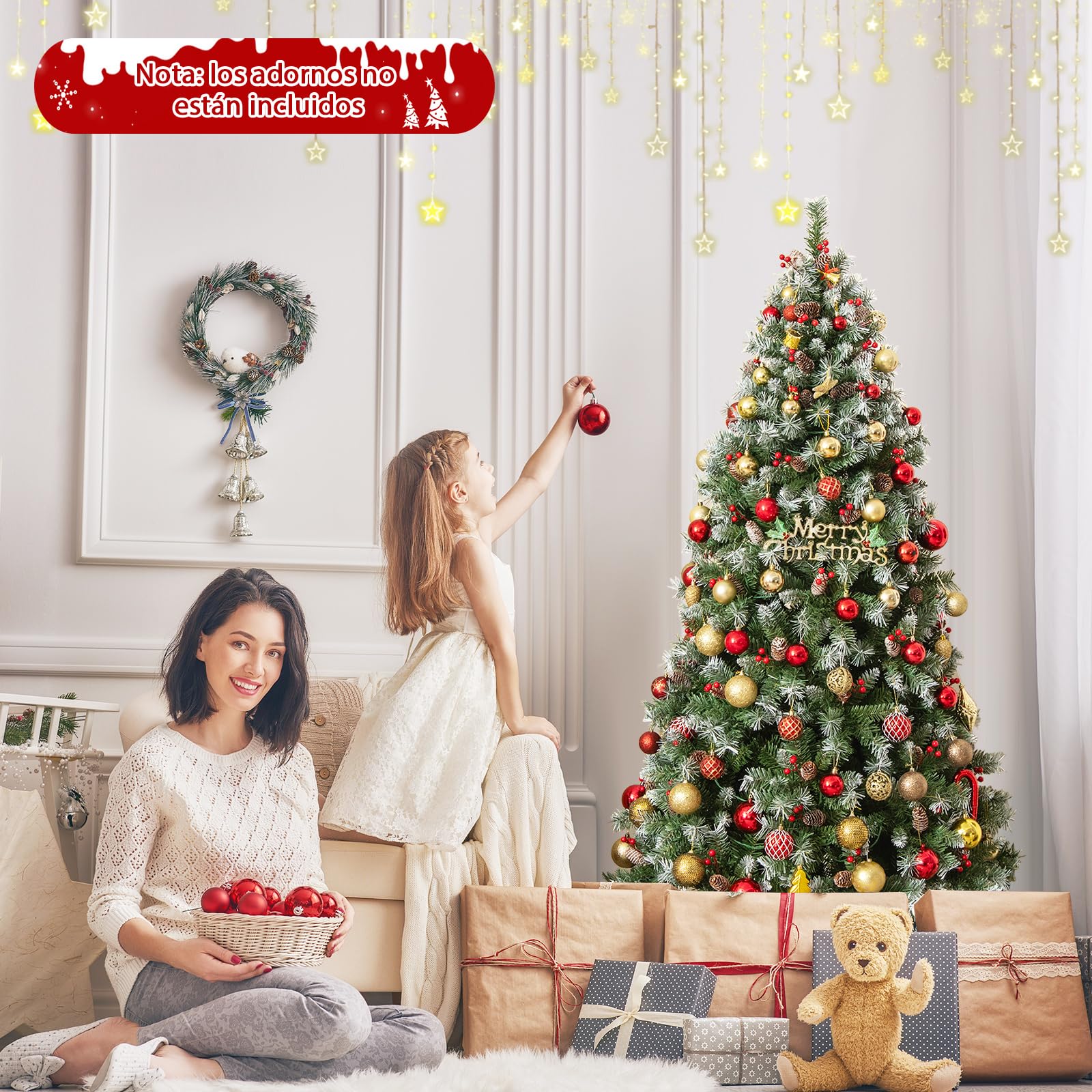 COSTWAY Árbol de Navidad con Luces Incorporadas 195cm, 420 Luces LED Blancas Cálidas, 8 Modos, Arbol de Navidad Decorado, Nieve, 69 Pinos, 207 Bayas Rojas, 909 Ramas de PVC (195cm)