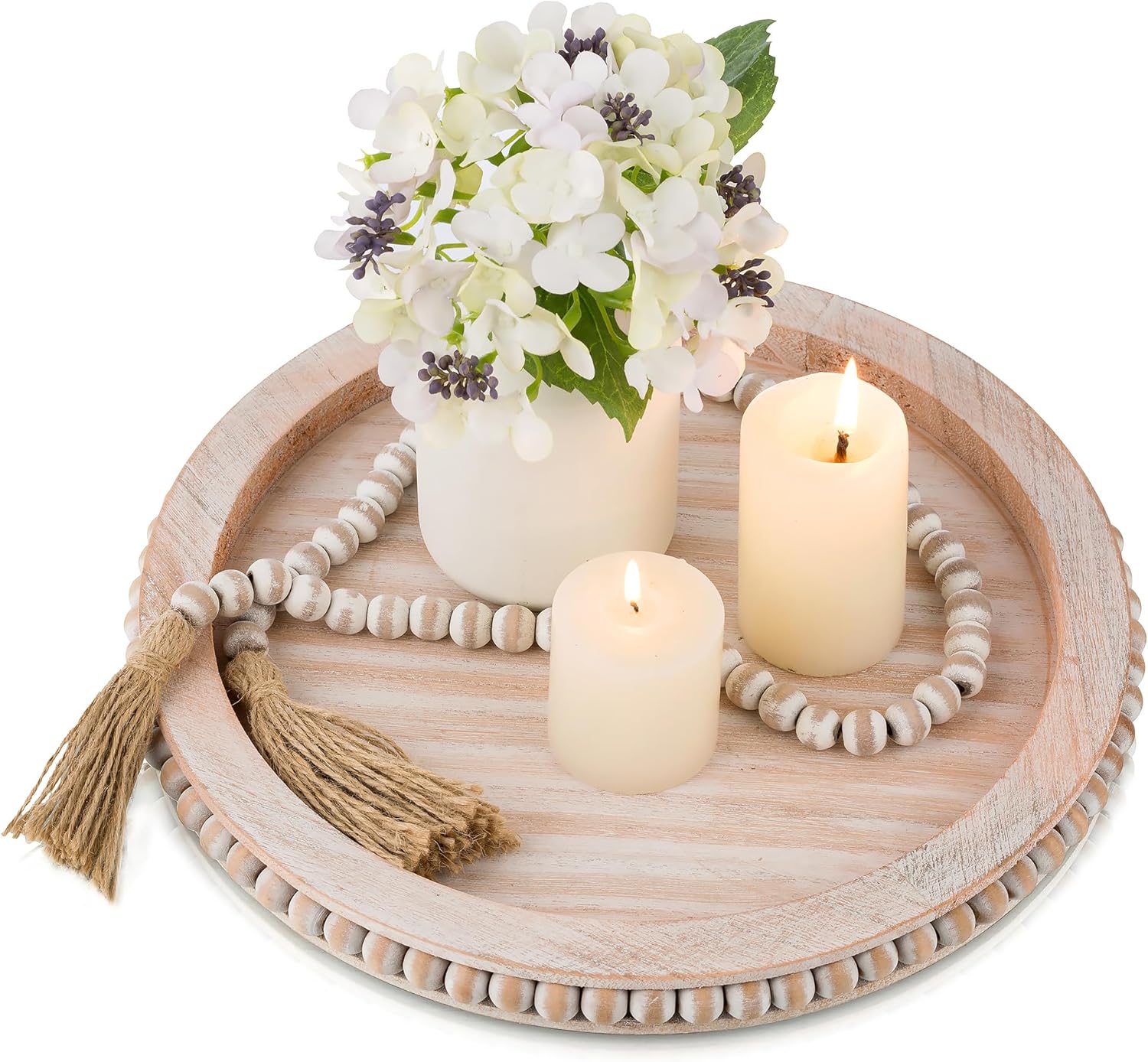 Hanobe Round Wooden Beaded Tray Coffee Table Tray with Wood Beaded