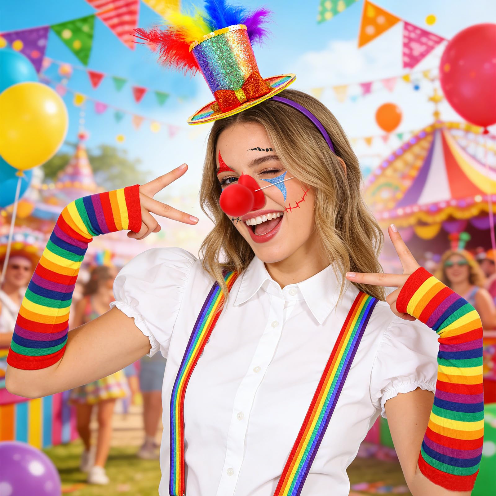 7 Piezas Disfraz Payaso Mujer Adulto, Disfraz Circo, Tutu Arcoíris Nariz de Payaso Pegatinas para la Cara Diadema de Plumas y Calcetines Arcoíris Guantes Tirantes