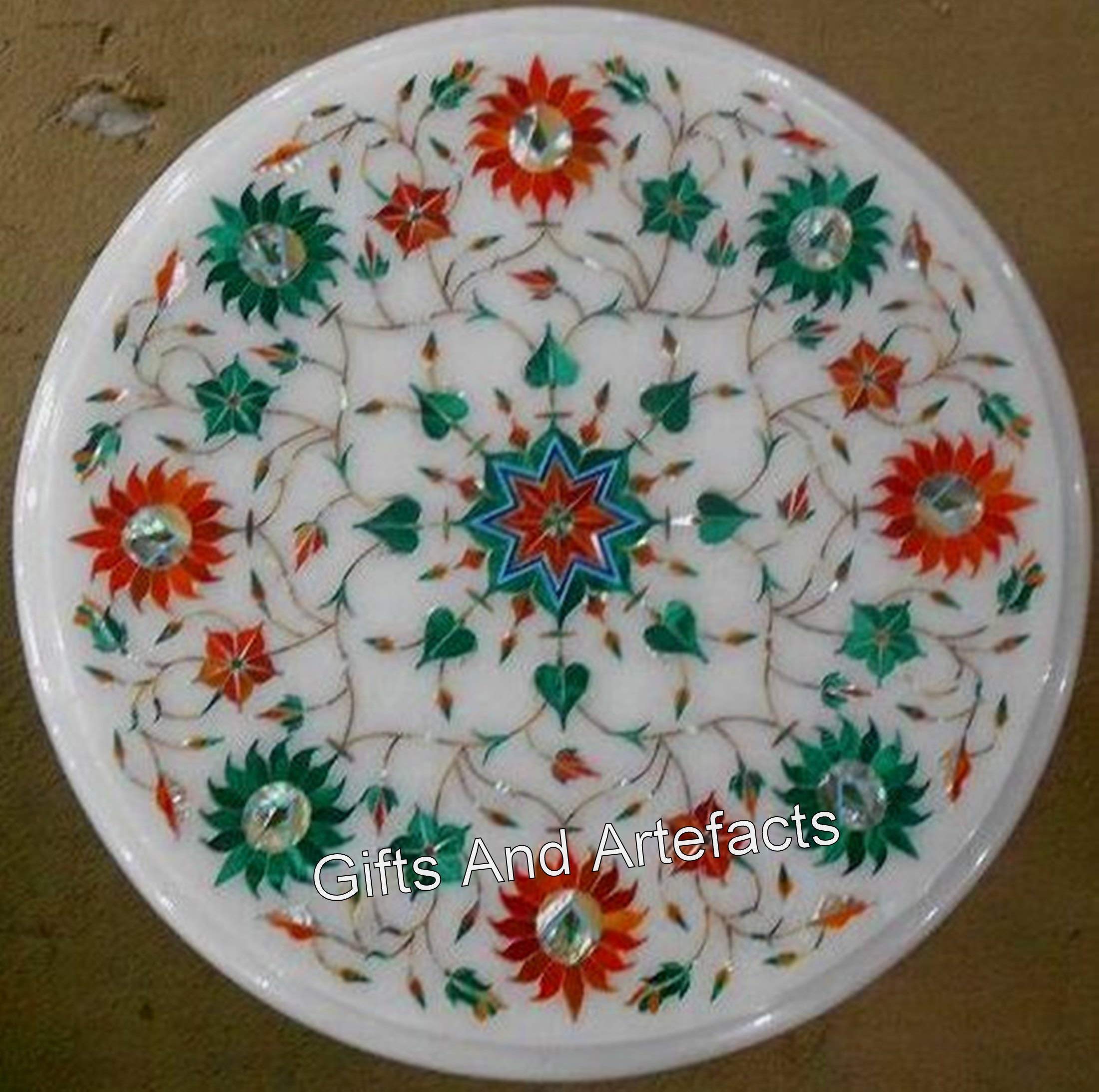 Table basse en marbre blanc véritable et mosaïque artisanale de malachite scintillante
