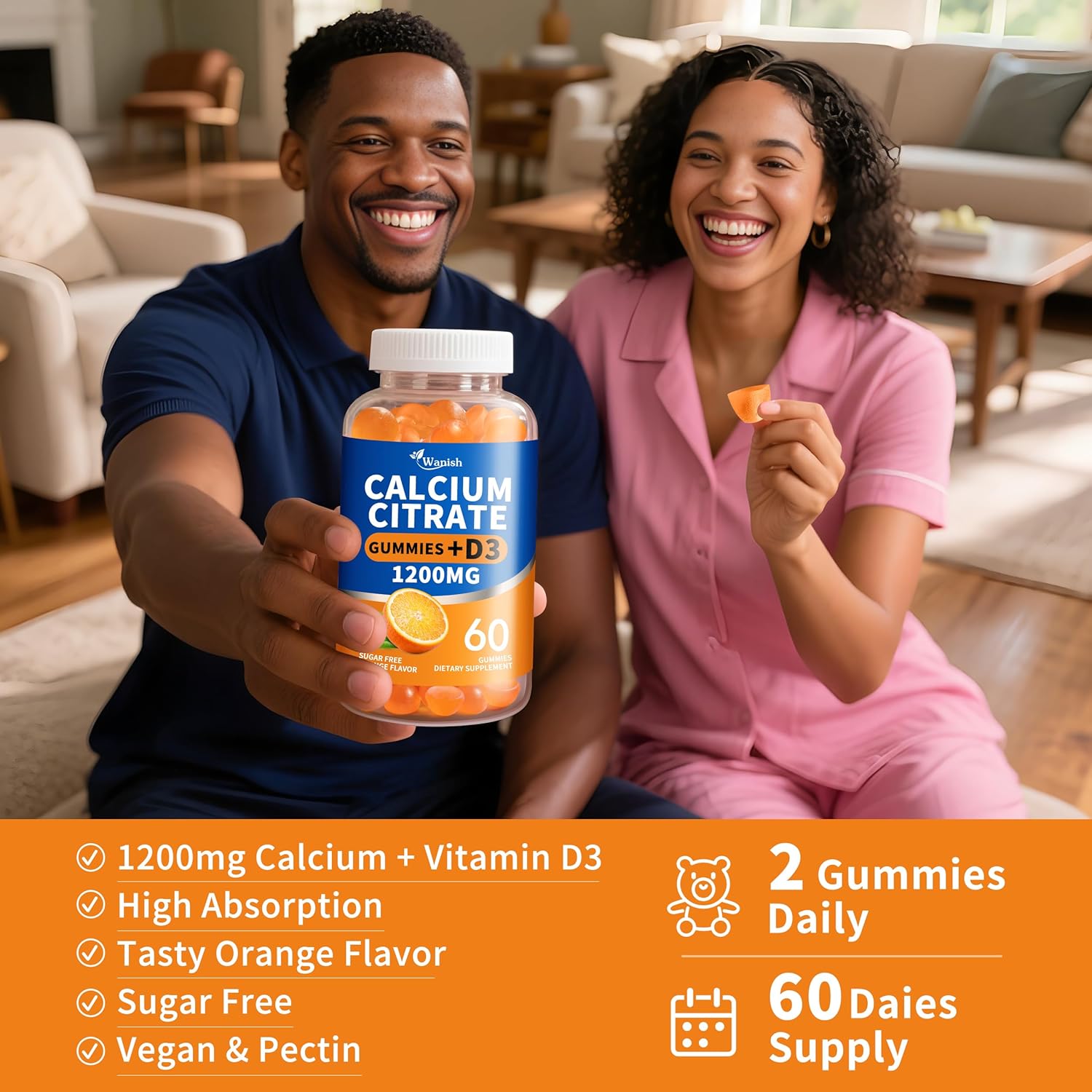 (3 Pack)Calcium Citrate 1200mg with Vitamin D3 Gummies for women & Men，Calcium Citrate Supplement for Bone & Teeth Support,High Absorption-Easy to Digest, Sugar Free,Vegan,Orange Flavor,90 Day Supply