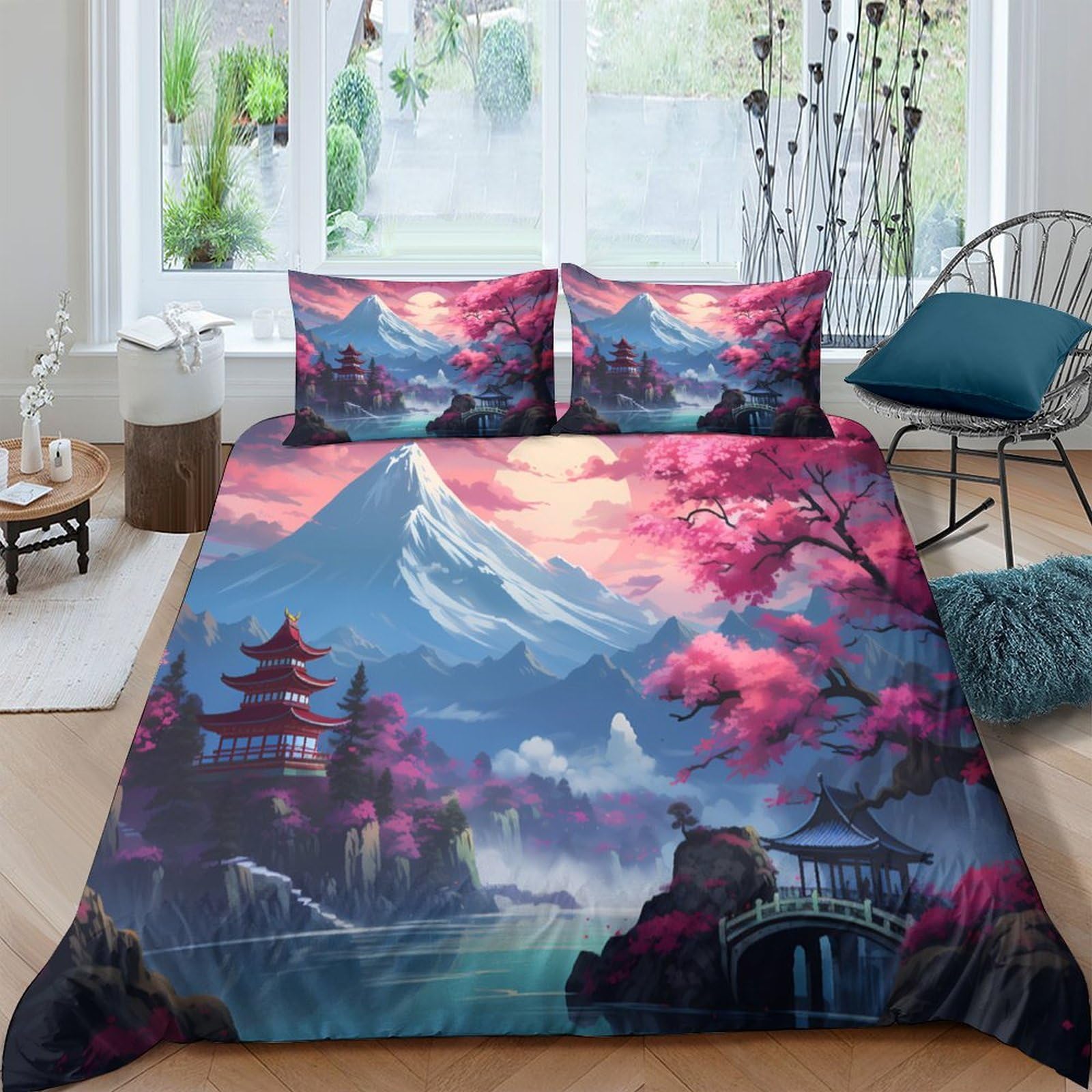 Ctjqhvkz Style-7 3D Printed Sakura Mountain Fitted Sheet Microfiber Soft Anti-Slip Japanese Landscape Bed Cover For Bedroom Guest Room Single（135X200cm）