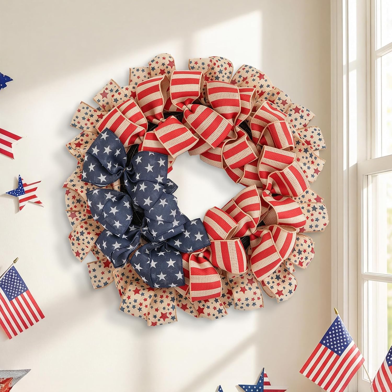 patriotic wreath for front door, 24 inch 4th of july decorations burlap foldable wreath for 250th anniversary american independence day memorial day decor blue red-ns