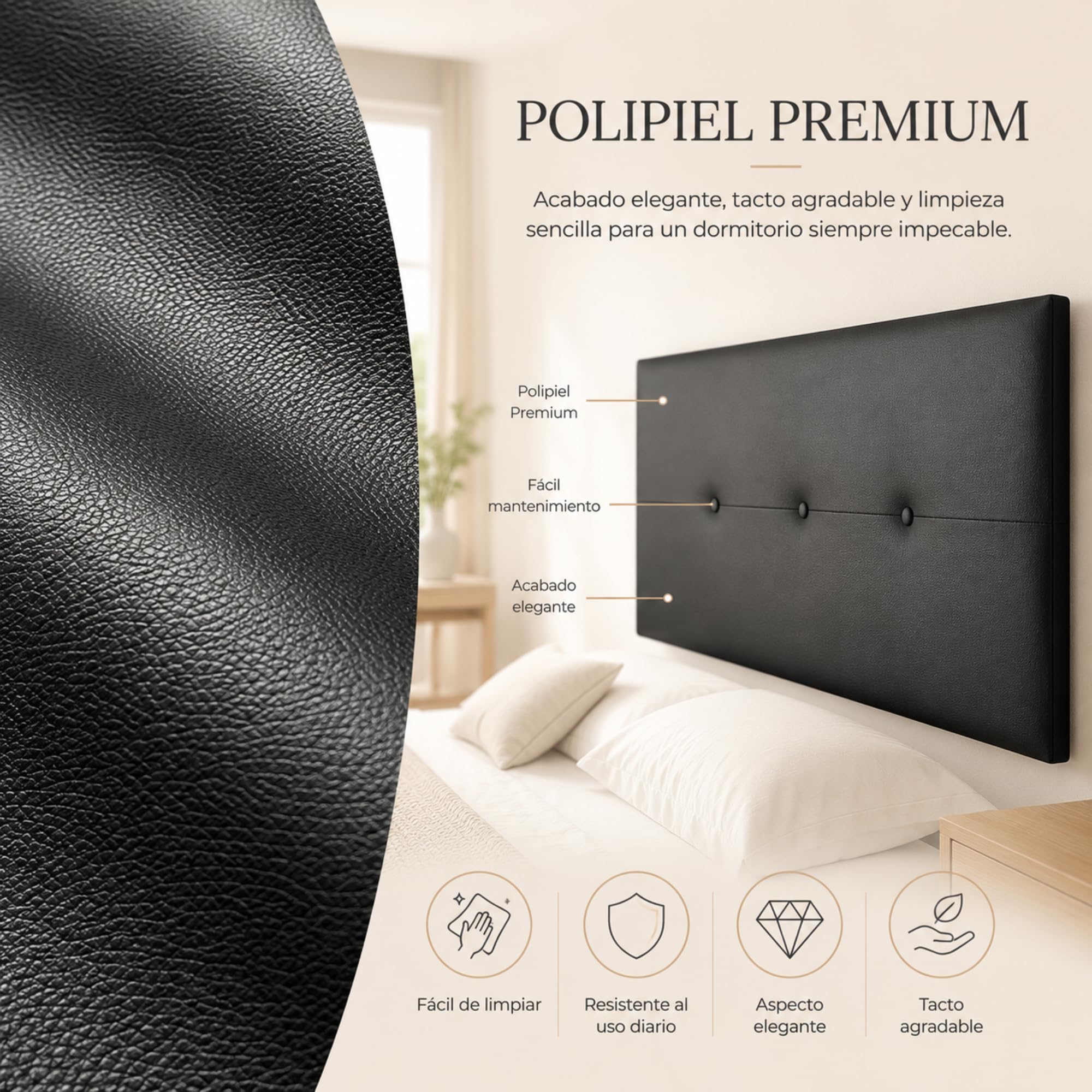 FISIO Dreams Cabecero Polipiel Caribe 4 para Cama 90, 105, 135, 150, 160, 180 y 200 cm | Cabezal Tapizado Moderno y Acolchado | Fabricado en España