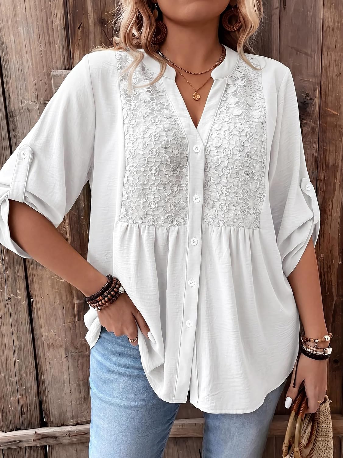 Verdusa Women's Boho Plus Size Button Down Blouse Floral 3/4 Sleeve Shirts Babydoll Peplum Tunic Tops