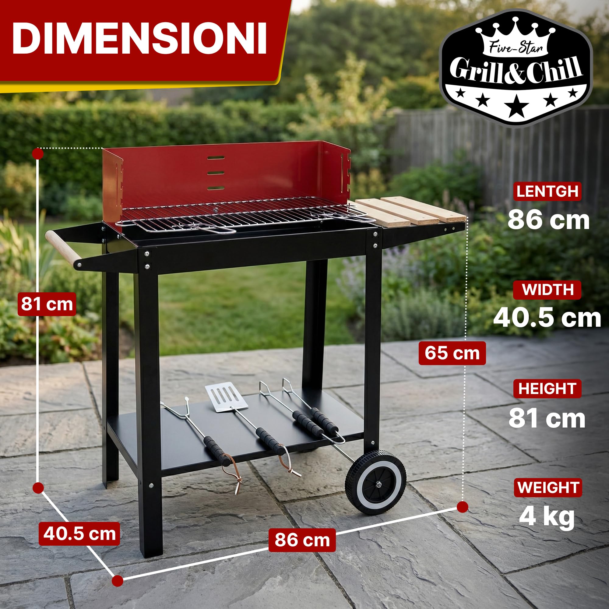 Five-Star Grill&Chill Barbecue a Carbone Portatile – Griglia Cromata 50 x 26,5 cm a 4 Altezze – Ruote e Ripiano in Legno – Acciaio smaltato da esterno – GC0010