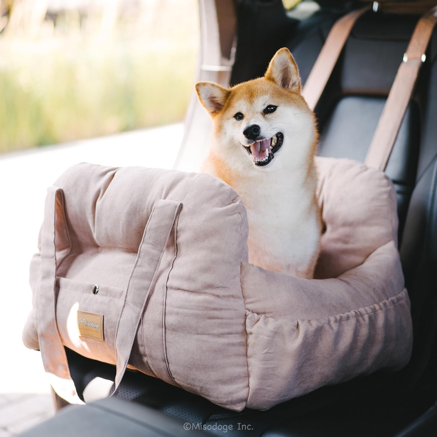 Dog Car Booster Seat for Small Dogs, Lightweight & Durable, Side Storage Pocket, Safety Belt Harness for Dogs During Road Trip, Cozy Fabric Bed for Car Travel, No Assembling Needed