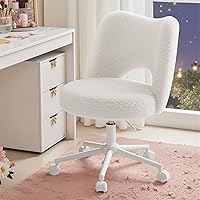 Durayloly White Vanity Chair with Wheels & Backrest - Ultra-Plush Fleece, Height Adjustable Armless Cute Desk Chair for Makeup Room Bedroom