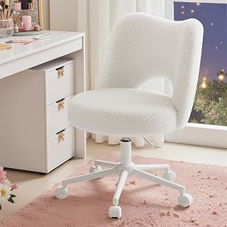 Durayloly White Vanity Chair with Wheels & Backrest - Ultra-Plush Fleece, Height Adjustable Armless Cute Desk Chair for Makeup Room Bedroom