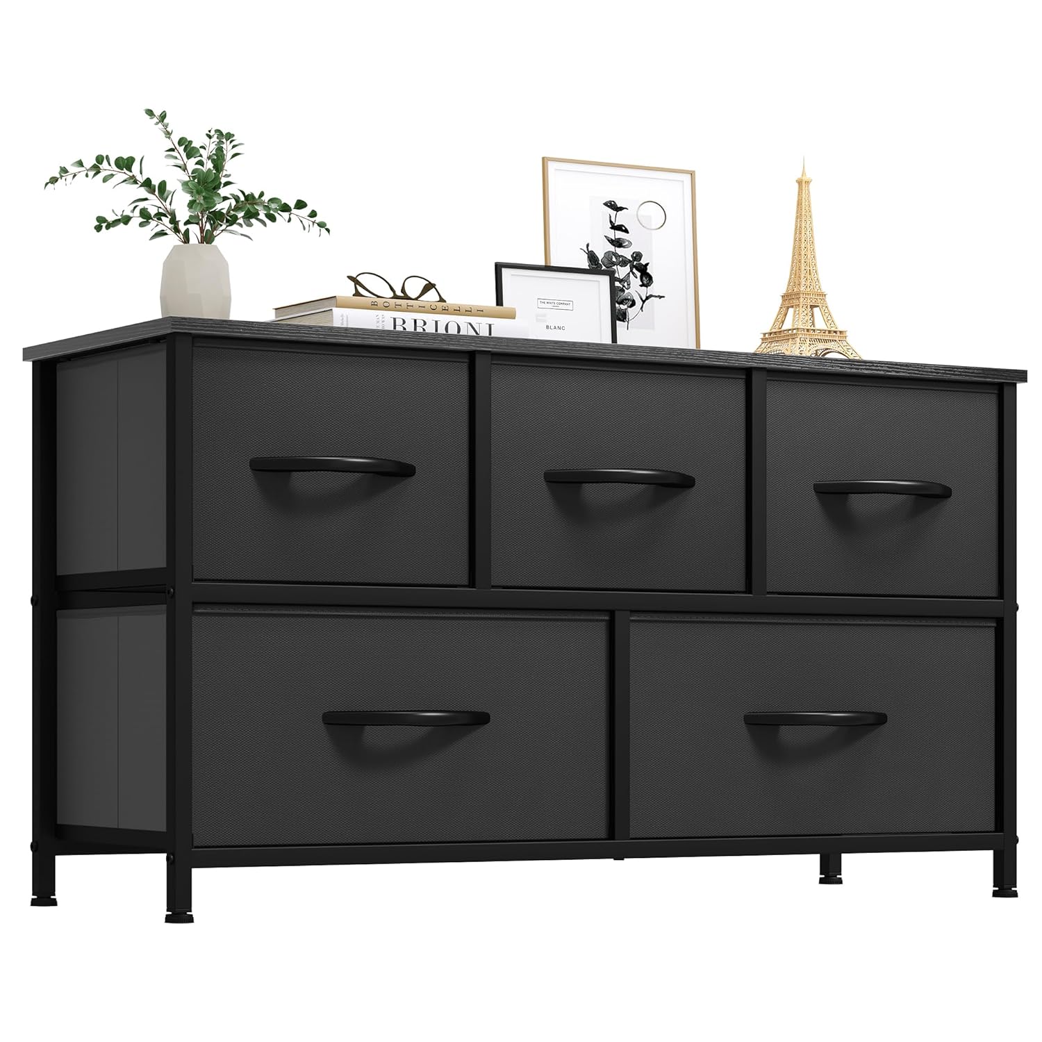 YITAHOME Dresser with 5 Drawers - Black Fabric Storage Tower, Organizer Unit for Room, Living Room, Closets - Sturdy Steel Frame, Wooden Top