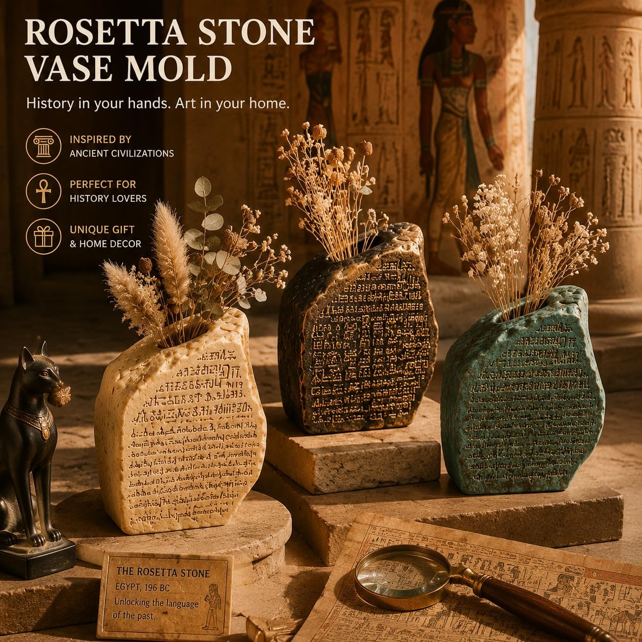Ancient Egyptian Rosetta Stone Silicone Mold, Hieroglyphic Resin Vase Mold for Epoxy Resin, Plaster, Concrete, Historical Artifact Decor DIY Pen Holder Craft