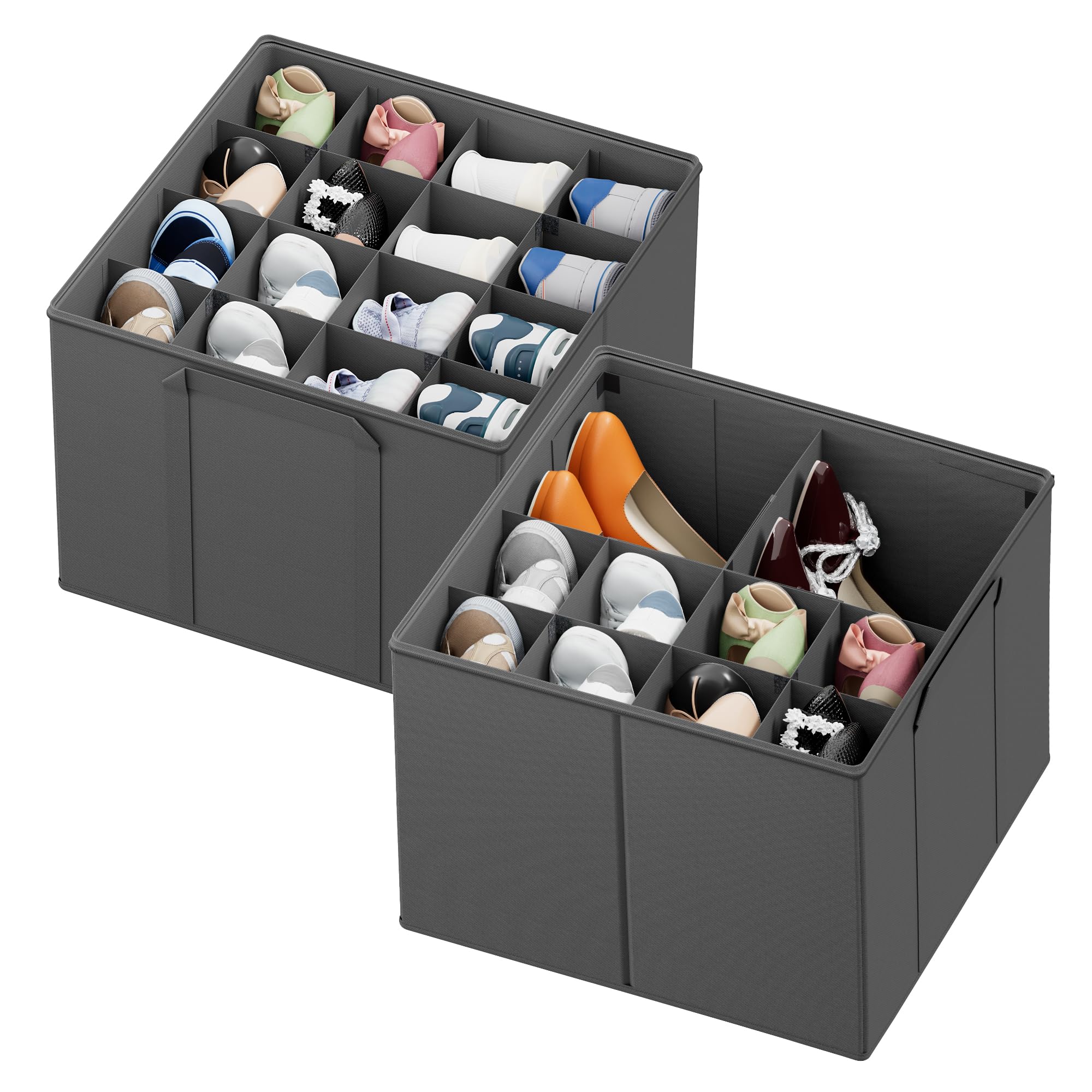 SpaceAid Shoe Organizer for Closet, 2 Pack Foldable Shoe Storage Containers Baskets Boxes Bins w/Adjustable Dividers, Fits 16-32 Pairs, Grey