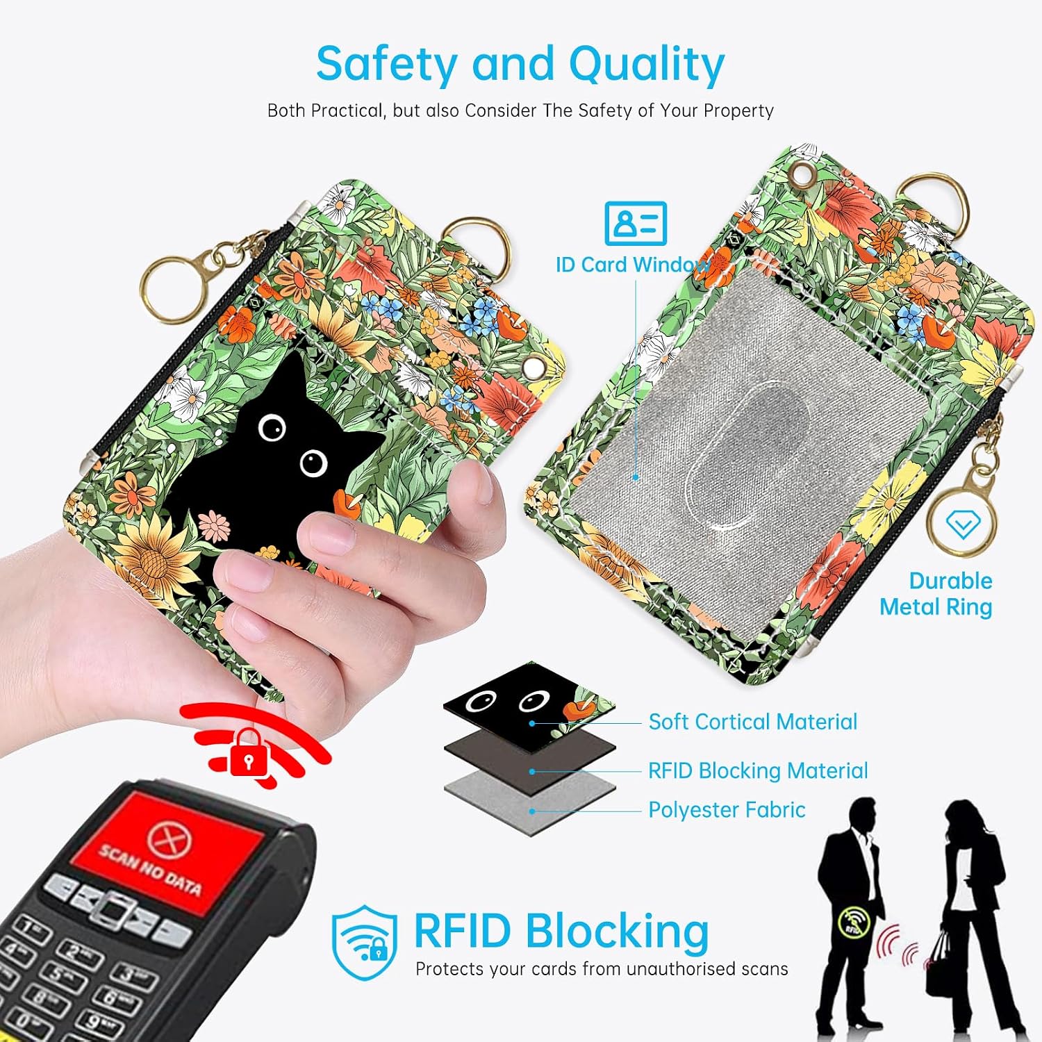 2-in-1 ID Badge Holder & Lanyard Wallet，Cute Zippered Pouch Cat Flowers image 2