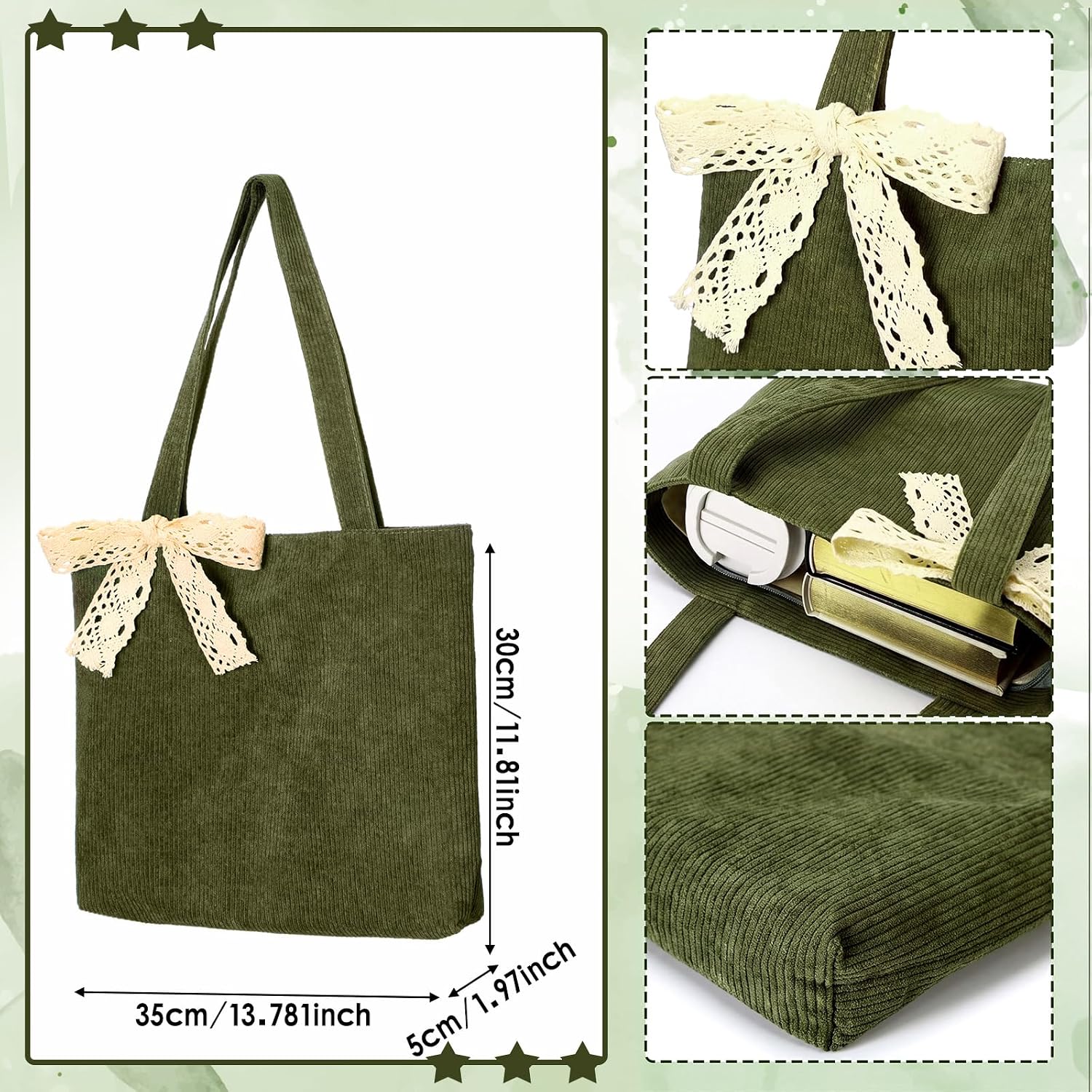 Paterr 6 Pack Corduroy Tote Bags for Women - Green Large Shoulder Bag with Zipper & Lace Ribbon Bow, Reusable Blank Grocery Bags, Bridesmaid Gift Bag Bulk, Wedding Bachelorette Party Favors DIY Craft
