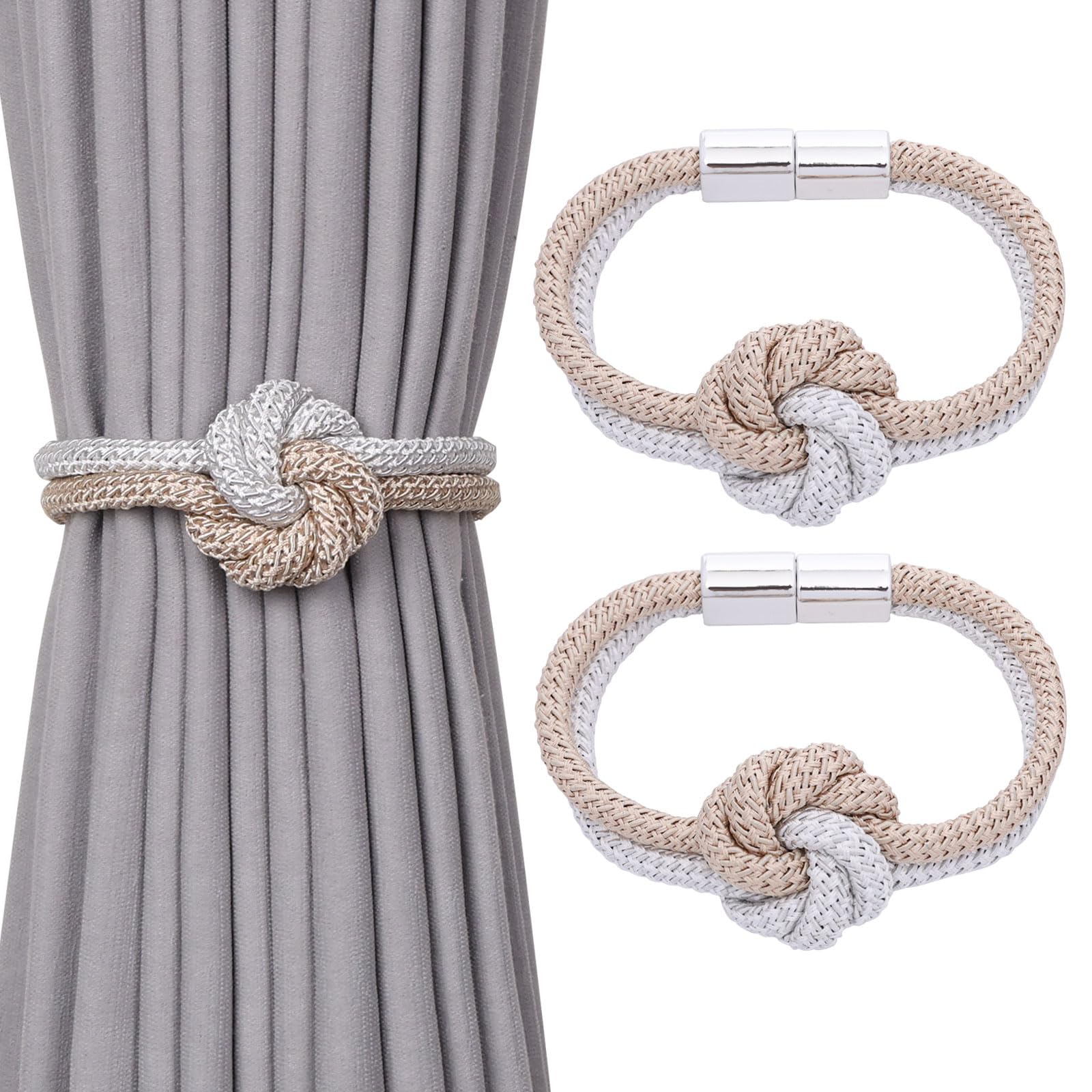 Pretty Jolly 2 Pack Cute Flower Knot Magnetic Curtain Tiebacks Nordic Style Drape Tie Backs Elegant Hand Weave Rope Decorative Curtain Holdbacks for Home & Office Window Drapery (Beige & White) — image 1