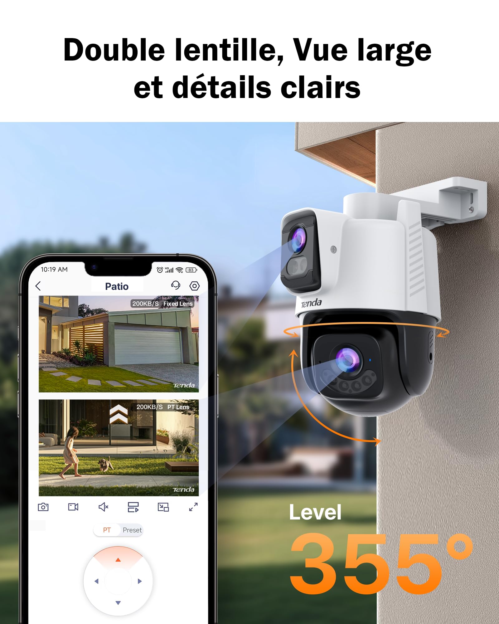 Tenda Caméra Extérieure WiFi 3MP+3MP, Double Objectif, 360° PTZ, Audio Bidirectionnel, Couleur Vision Nocturne 30m, Détection Personnes/Véhicules, Suivi Auto, Alertes Vocales Personnalisées, CH9