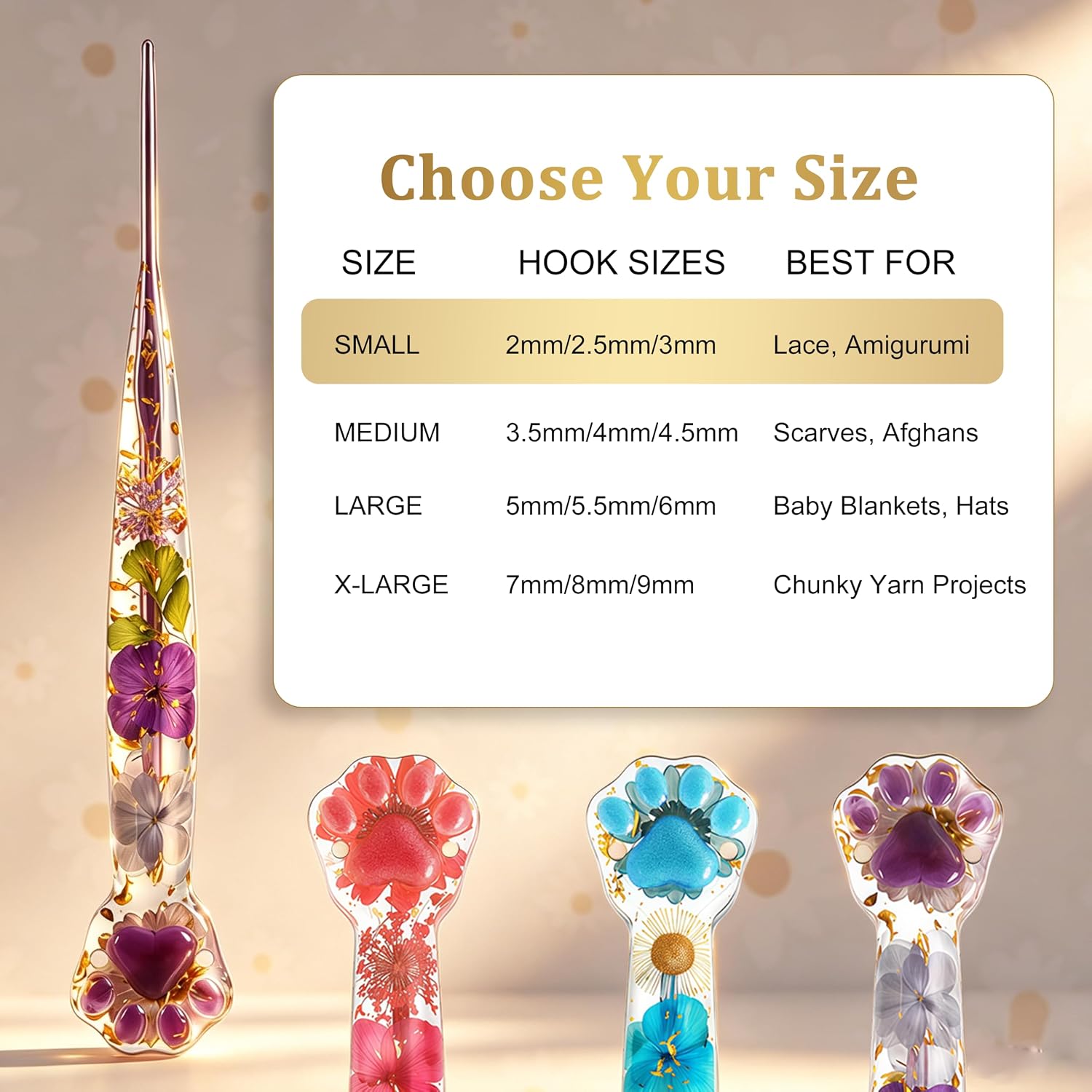 Ergonomic Crochet Hooks Set of 3 Sizes – 2mm 2.5mm 3mm with Pretty Floral Resin Handle and Cute Cat Claw End, Lightweight Handcrafted Hook Helps Reduce Hand Fatigue for Crafters & Beginners