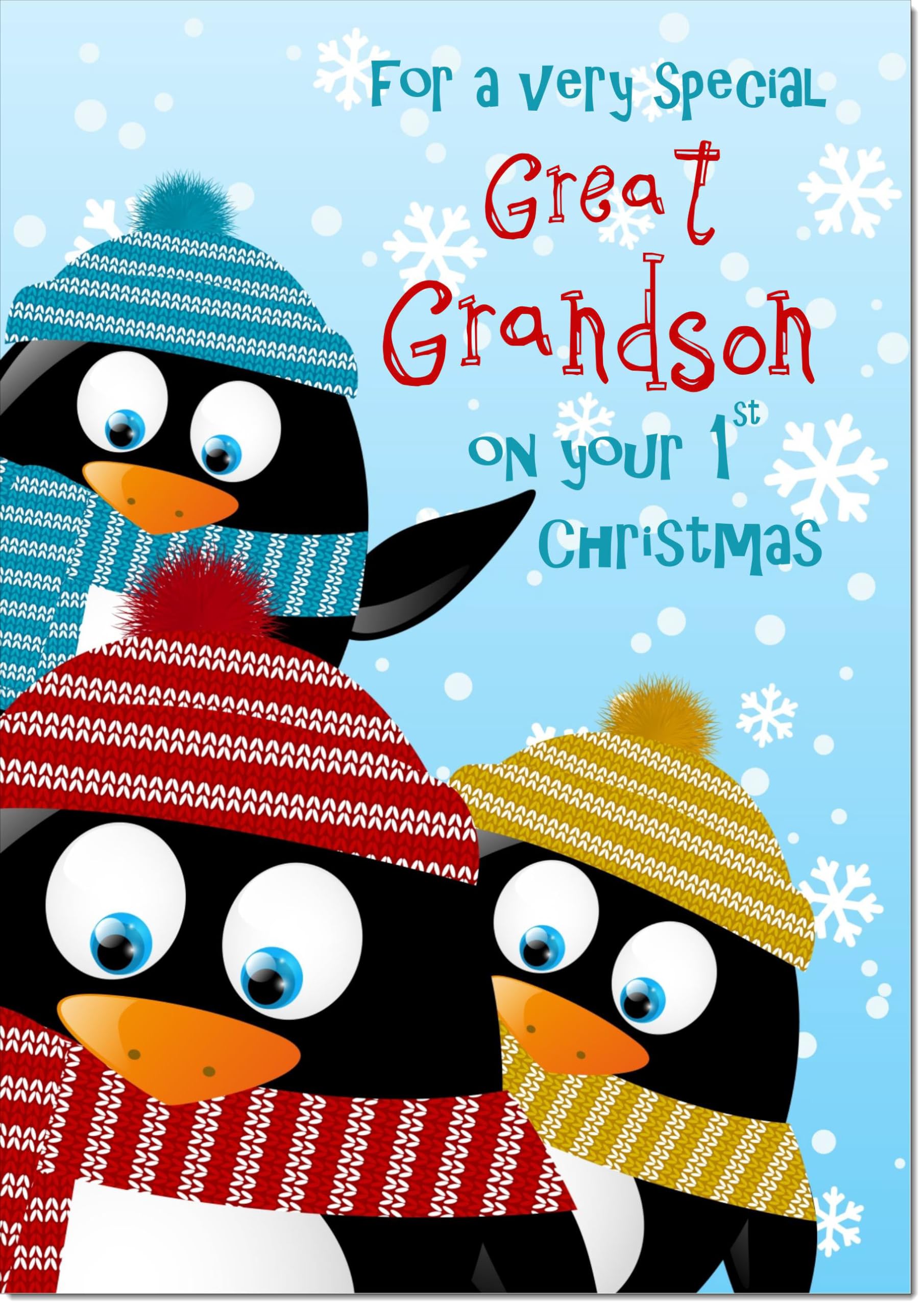 doodlecards Great Grandsons 1st First Christmas Card Three Penquins Large A4 Size Christmas Card for Great Grandsons 1st with Plain Envelope — image 1