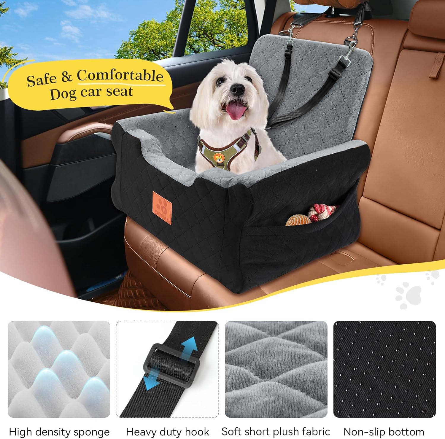 Dog Car Seats for Small/Medium Dogs, Elevated Memory Foam Dog Booster Seat, Detachable Washable Pet Car Seat with Safety Belts & Storage Pockets (Black-Gray)