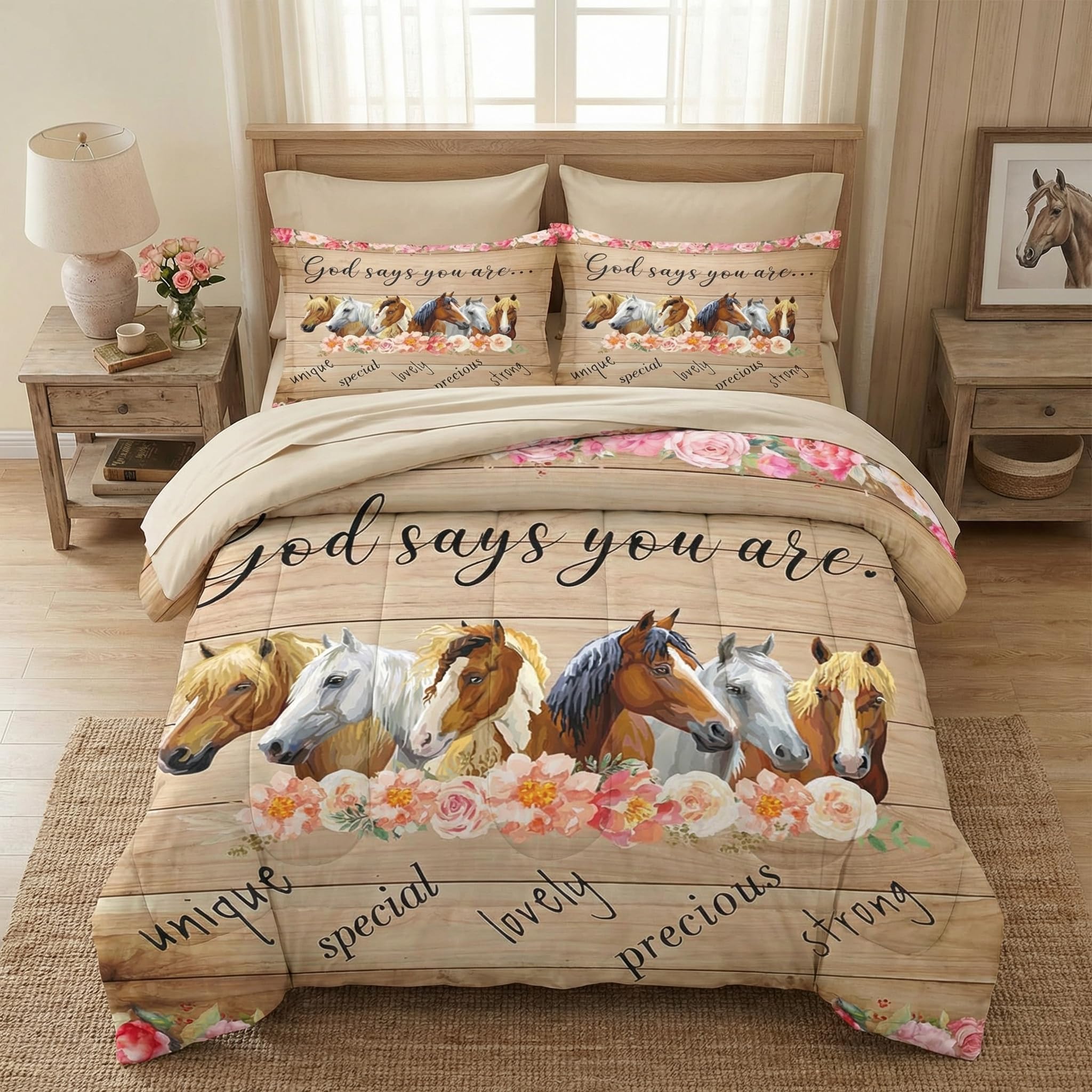 7 Pcs King Size Comforter Set with 2 Pillowcases & 2 Shams, Horses Animal Flower Bedding for Kids and Adults, Inspirational Thoughts Bed in a Bag with Flat Fitted Sheet