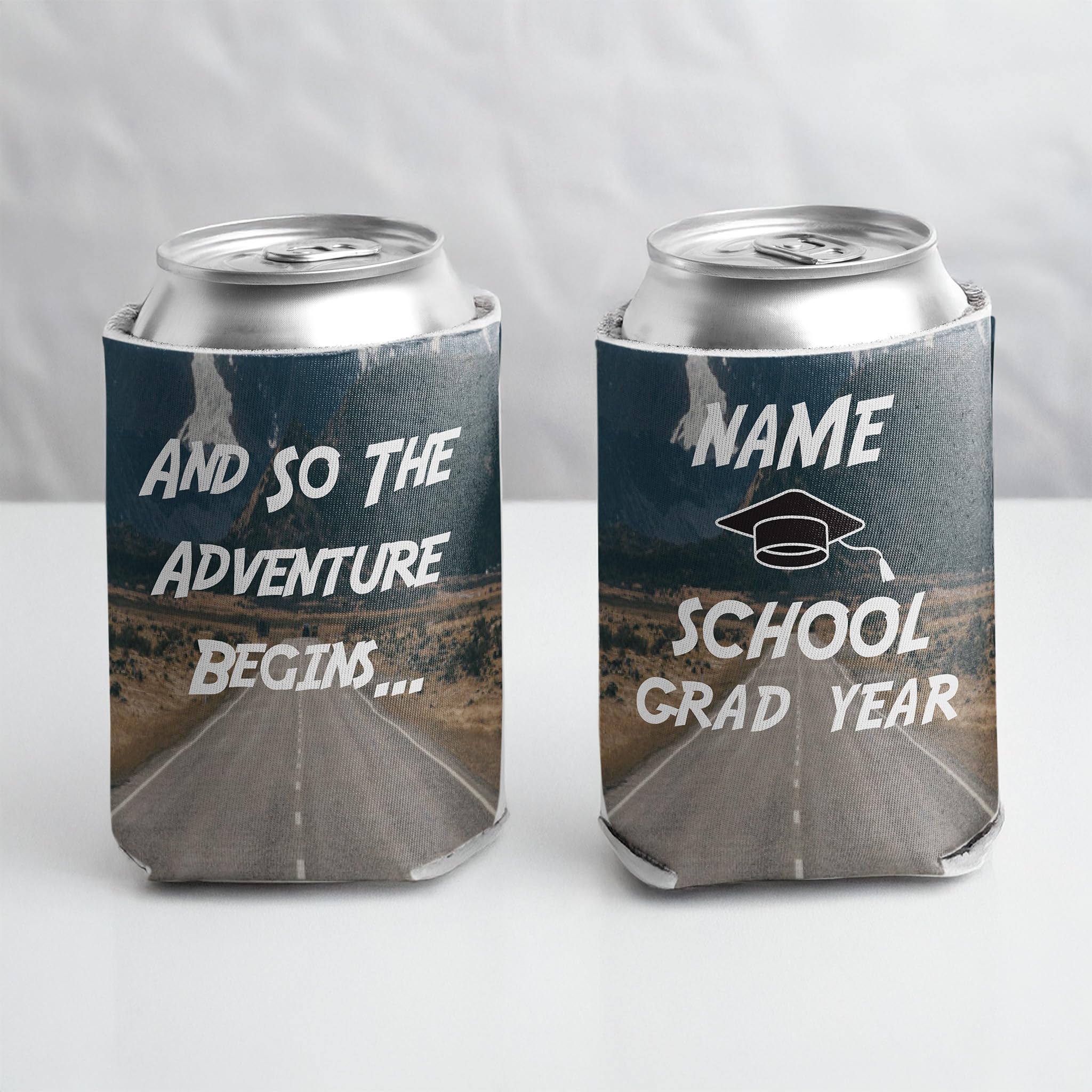 VictoryStore Custom Graduation Can Coolers – “And So The Adventure Begins” – Personalized Drink Sleeves for Class of [Year] – 16oz Foam Beverage Holder – Add Name, School, and Year, Set of 250
