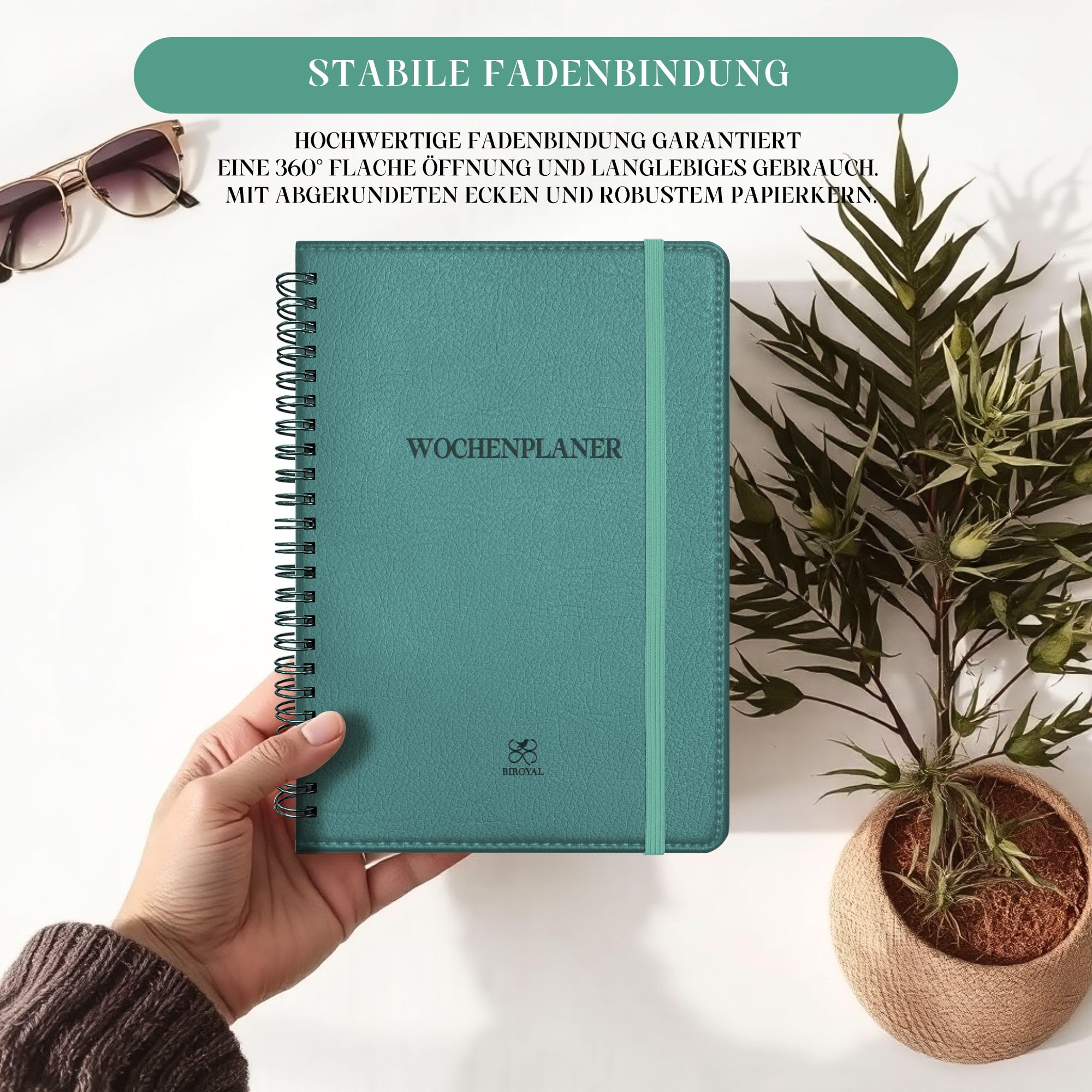 BIROYAL Weekly Planner in German with Hardcover Leather, Cyan - Image 4