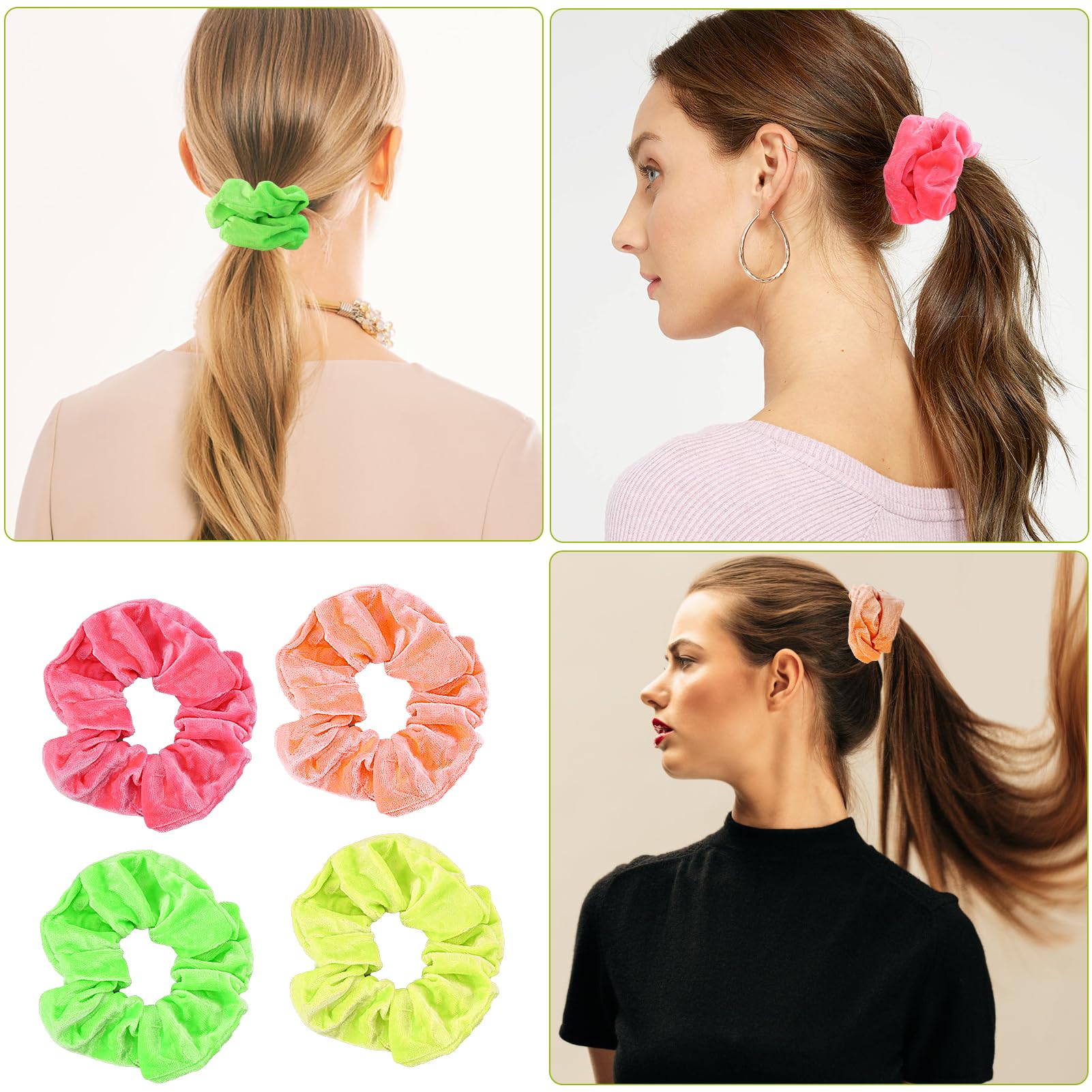 12pcs Neon Scrunchies for Girls 80s, 4 Colors Premium Flannel Scrunchy for Hair Cute Solid Colors Strong Elastic Bands - Image 4