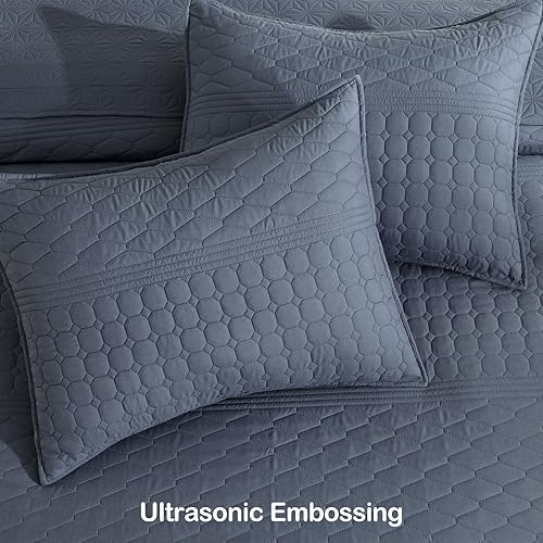 Miniatura 6 de HORIMOTE HOME Juego de edredón azul acero, tamaño queen, microfibra suave, 2 fundas de almohada, ligero y geométrico, para todas las estaciones,