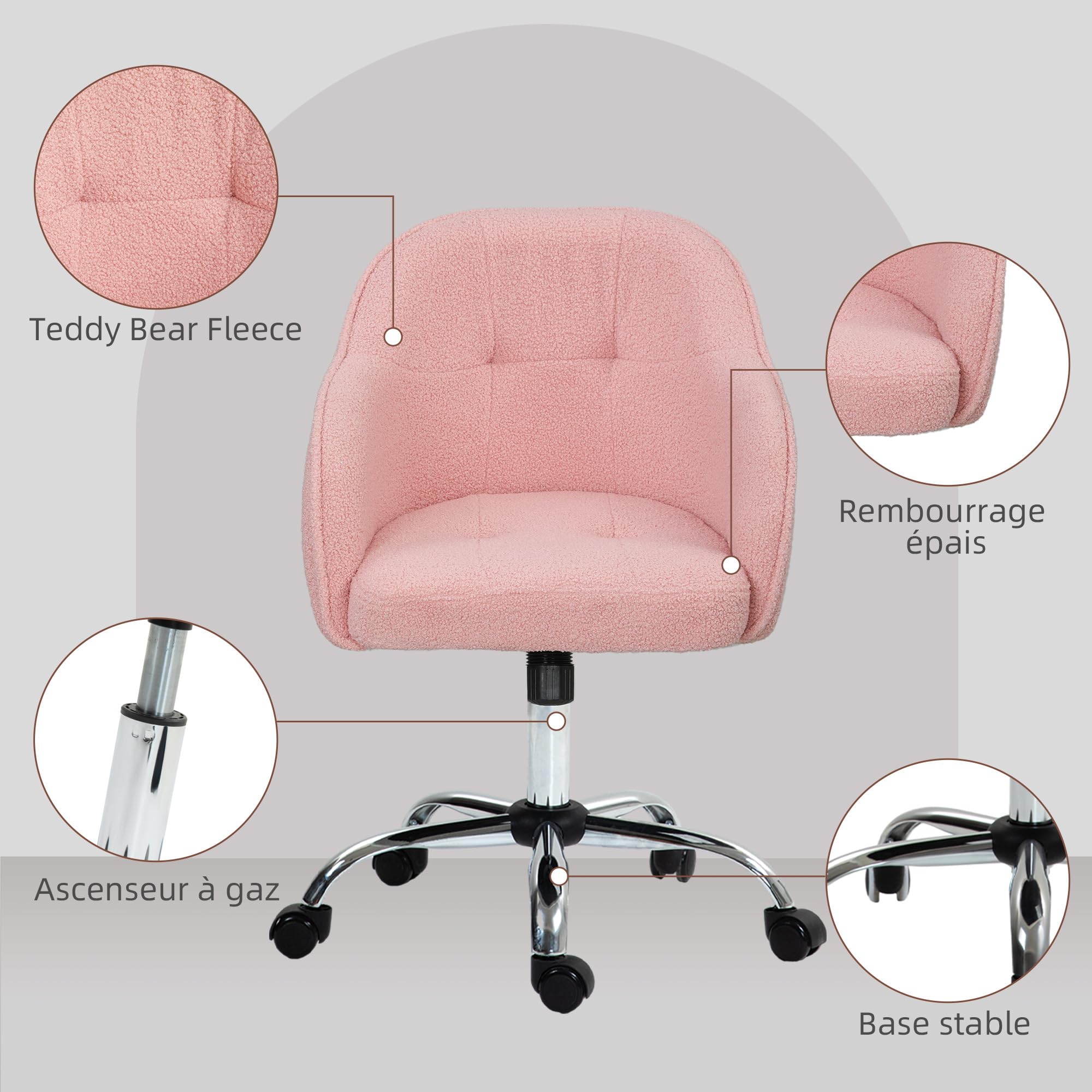HOMCOM Chaise de Bureau Fauteuil de Bureau Teddy Hauteur Réglable Rose