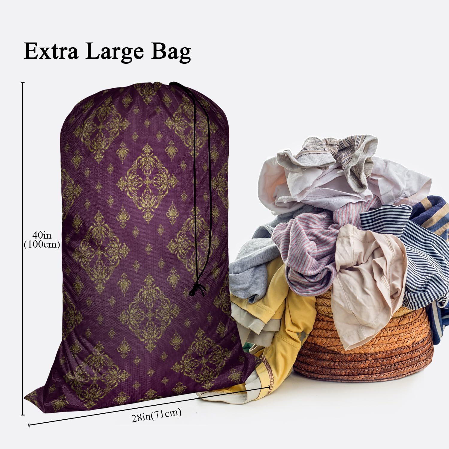Swono Geometric Pattern Laundry Bag Dirty Clothes Organizer Golden Purple Ethnic Drawn Extra Large Heavy Duty for Camp College Dorm Room Essentials for Men Women