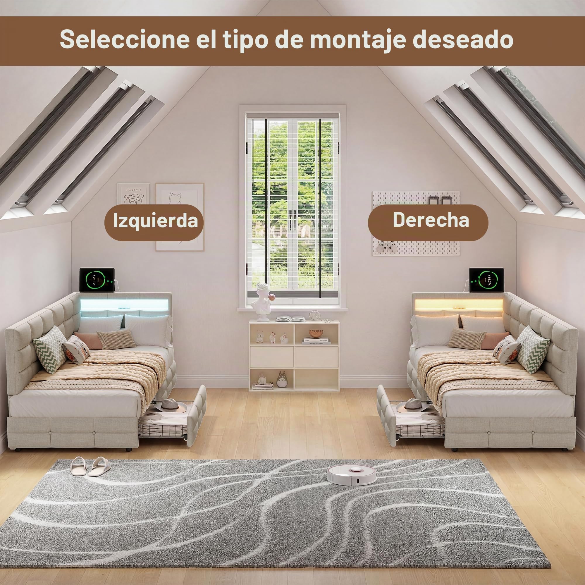 BRILVERDE Cama con almacenamiento de 90 x 200 cm con cajones, cama acolchada con luz LED/USB, sofá cama con cabecero contenedor, somier de láminas, lino (beige, 90 x 200 cm)