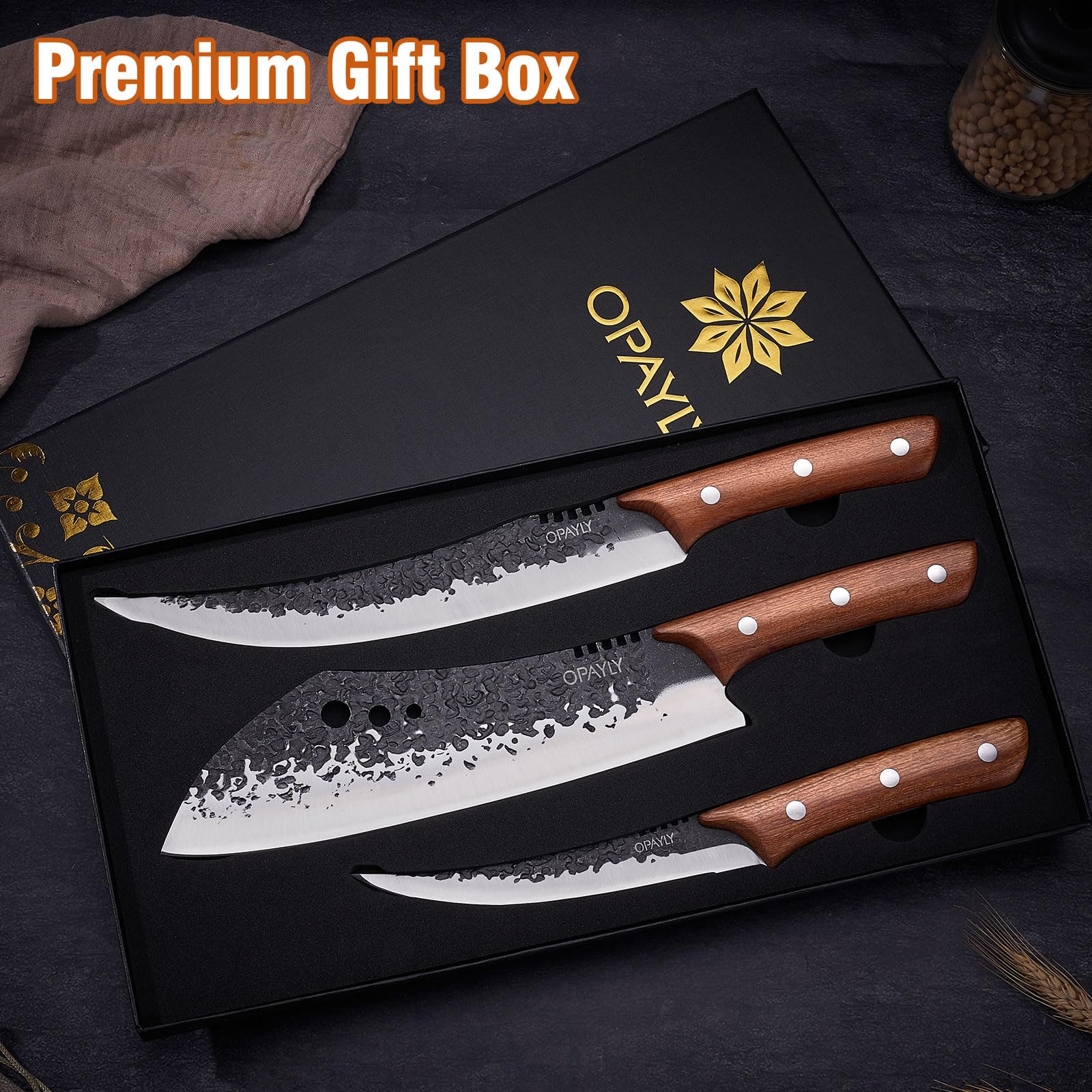 OPAYLY Hand-Forged Butcher & Carving Knife Set for Meat Cutting, 3PCS Razor Sharp High Carbon Steel Brisket, Chopping, Slicing & Boning Knives for Home & BBQ, Ideal Gift — Amazon image 3